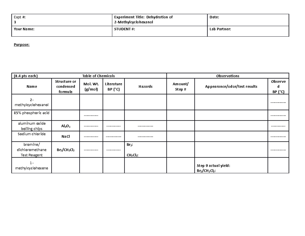 Data Report Exp 3 Dehydration - Expt #: 3 Experiment Title: Dehydraion ...