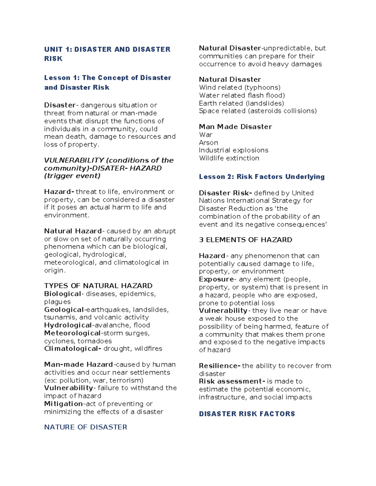 DRRR REV - Summary Nursing Care Management - UNIT 1: DISASTER AND ...