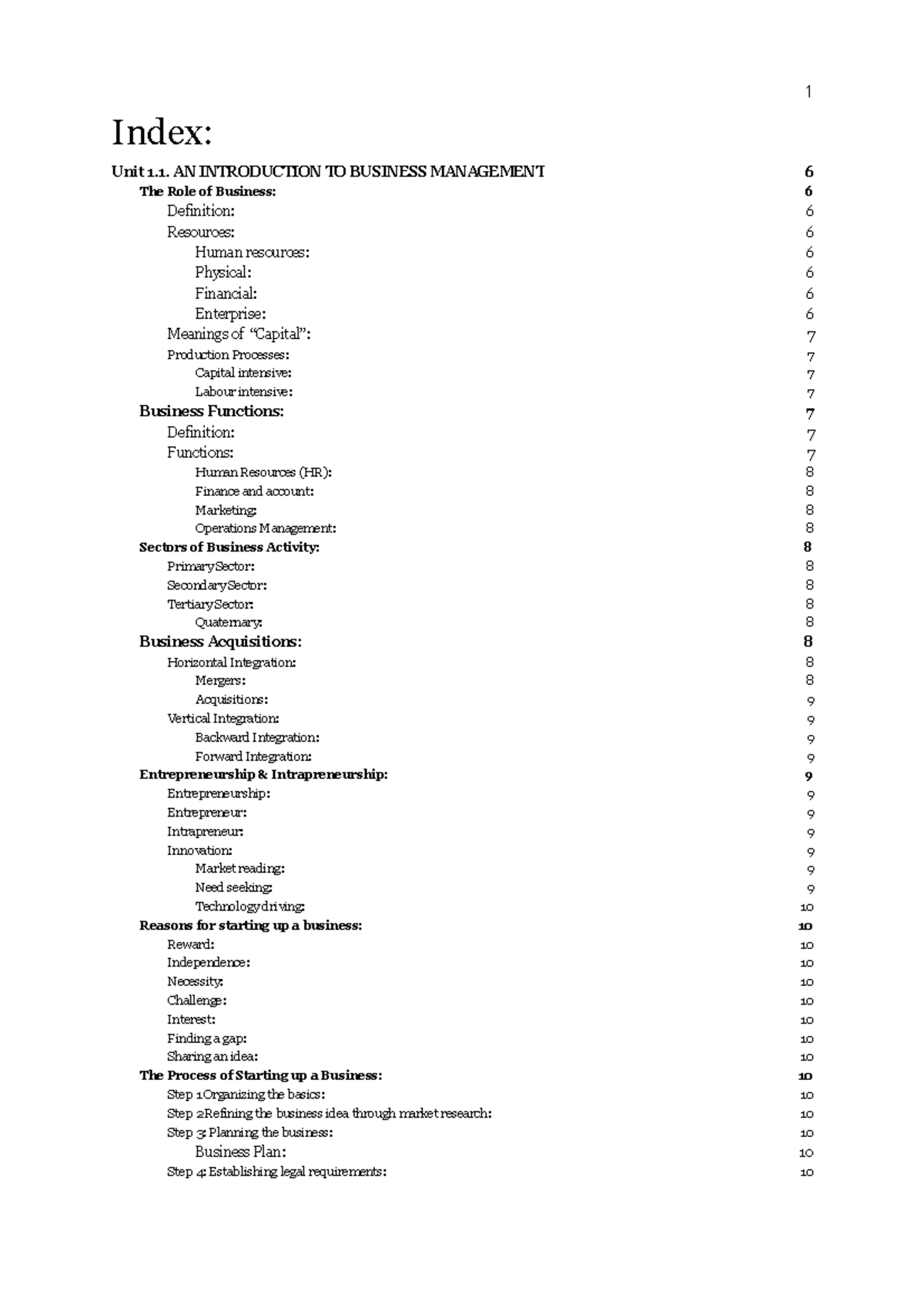 Business Management Notes Unit 1 - Index: Unit 1. AN INTRODUCTION TO ...