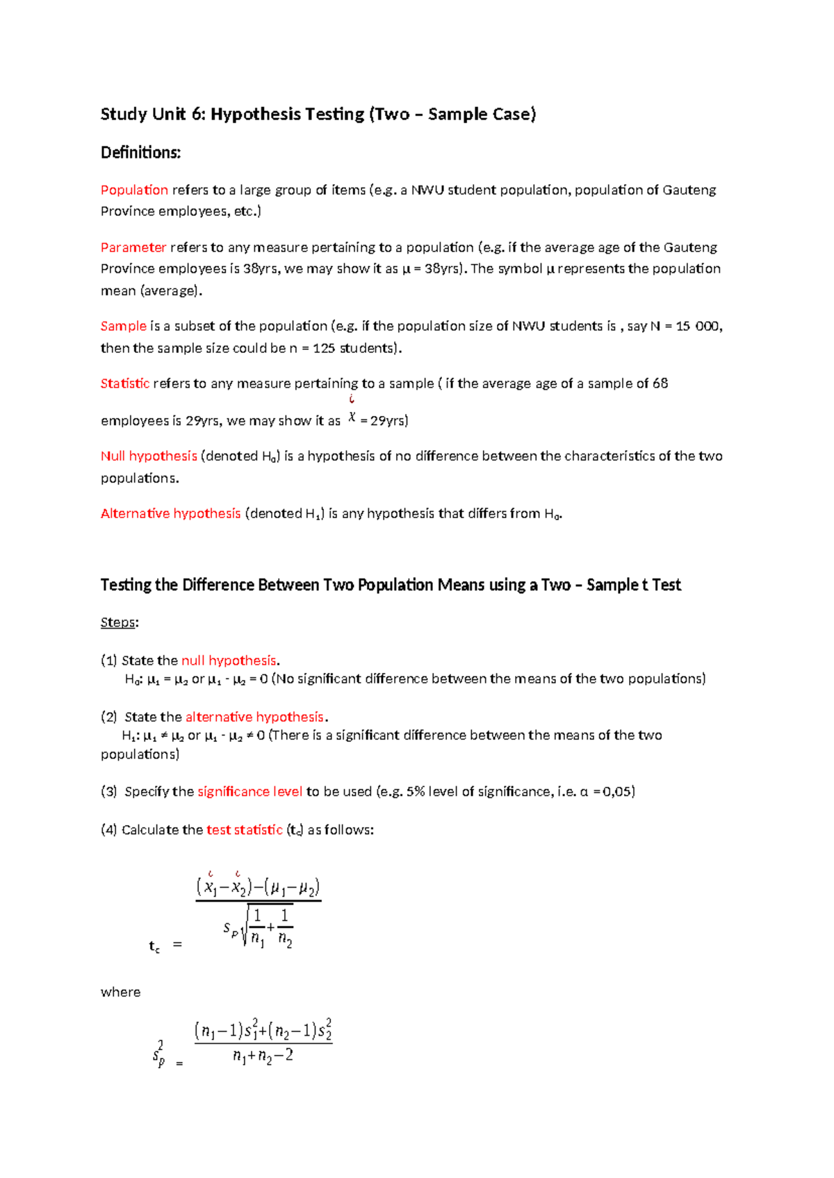 STFM125 Study Unit 6 - Two Sample T test - Study Unit 6: Hypothesis ...