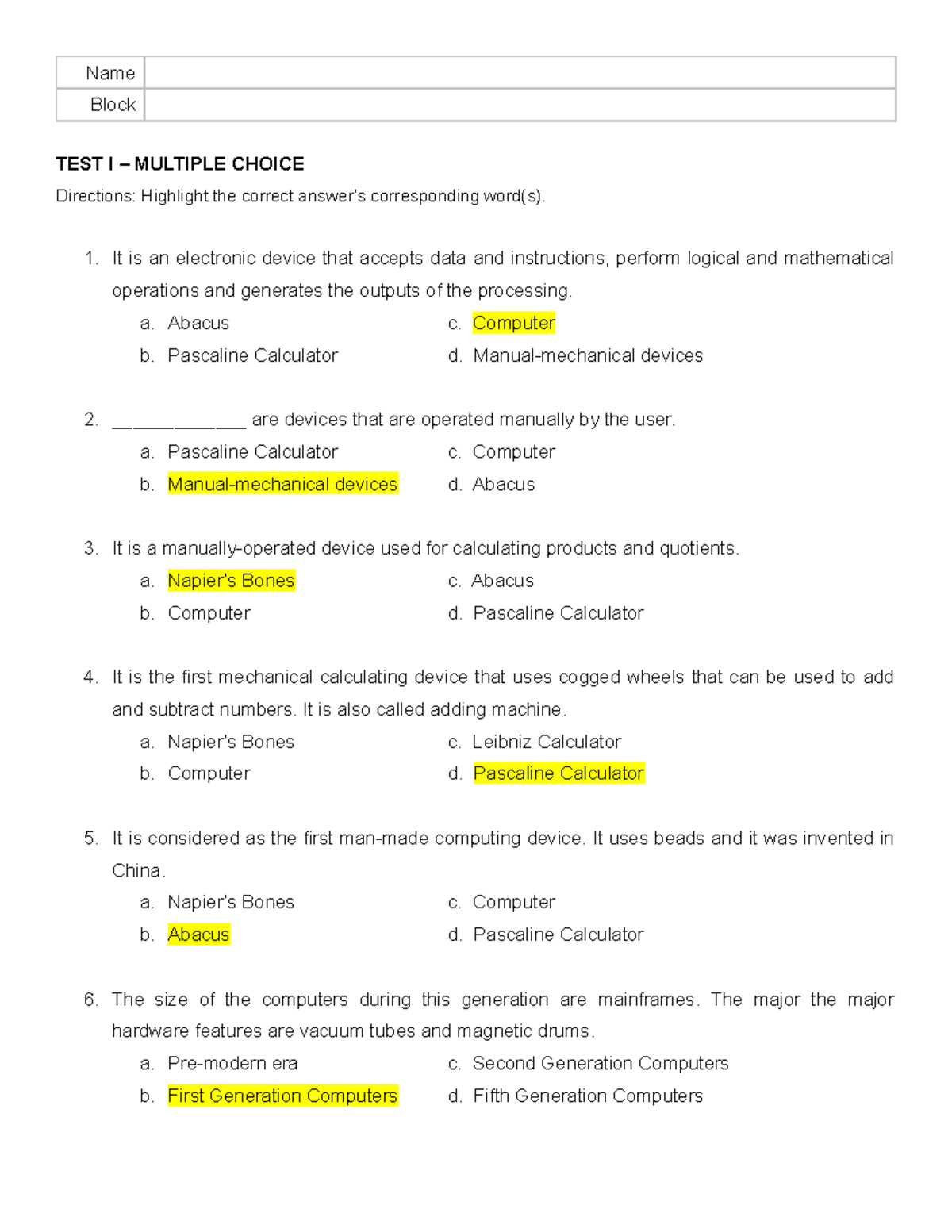 Prelim - Exam - Name Block TEST I – MULTIPLE CHOICE Directions ...