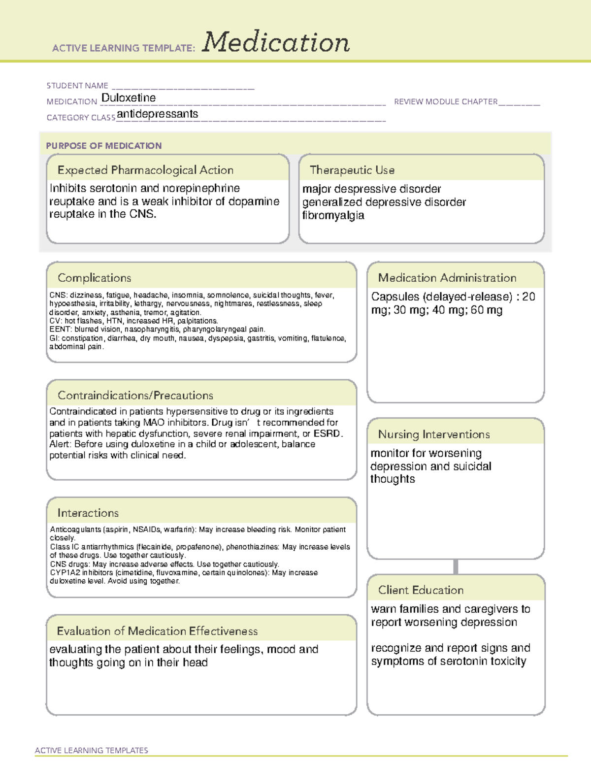 Duloxentine - medication study guides - ACTIVE LEARNING TEMPLATES ...