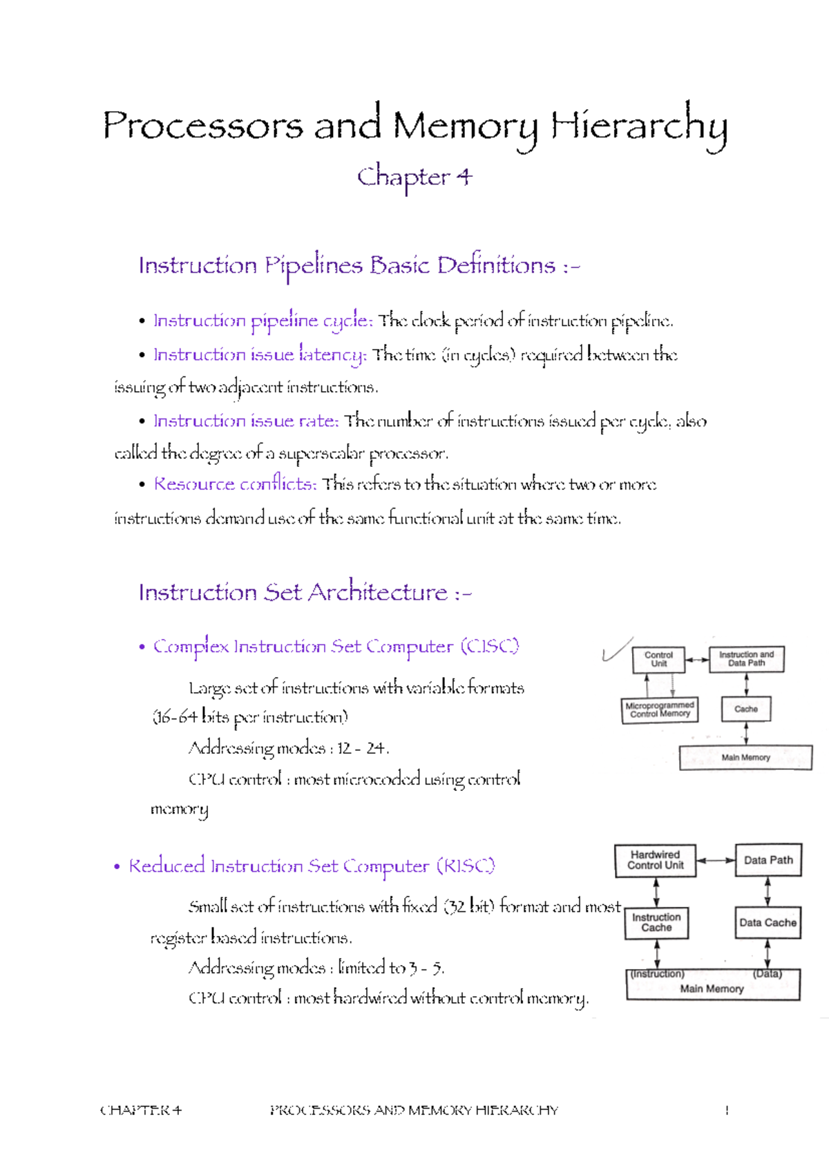 Chapter 4 Summary - Processors and Memory Hierarchy Chapter 4 ...