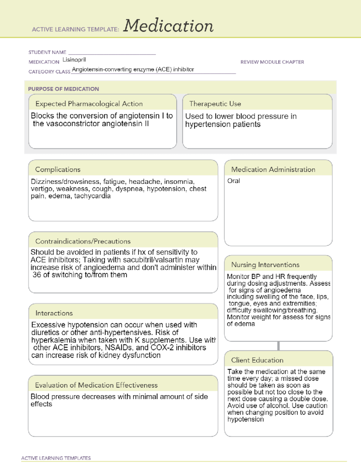 Lisinopril - Drug information - NURSE 154 - Studocu