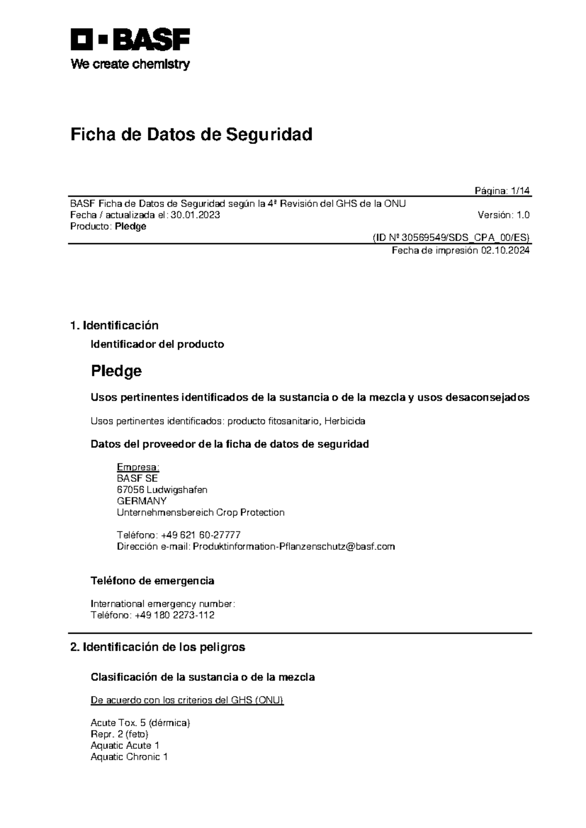 Pledge 30569549 SDS CPA 00 es 1-0 - Ficha de Datos de Seguridad Página ...