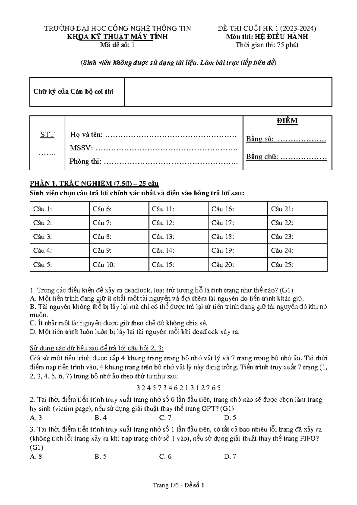 CK HK1 2023-2024 De1 final - TRƯỜNG ĐẠI HỌC CÔNG NGHỆ THÔNG TIN ĐỀ THI ...