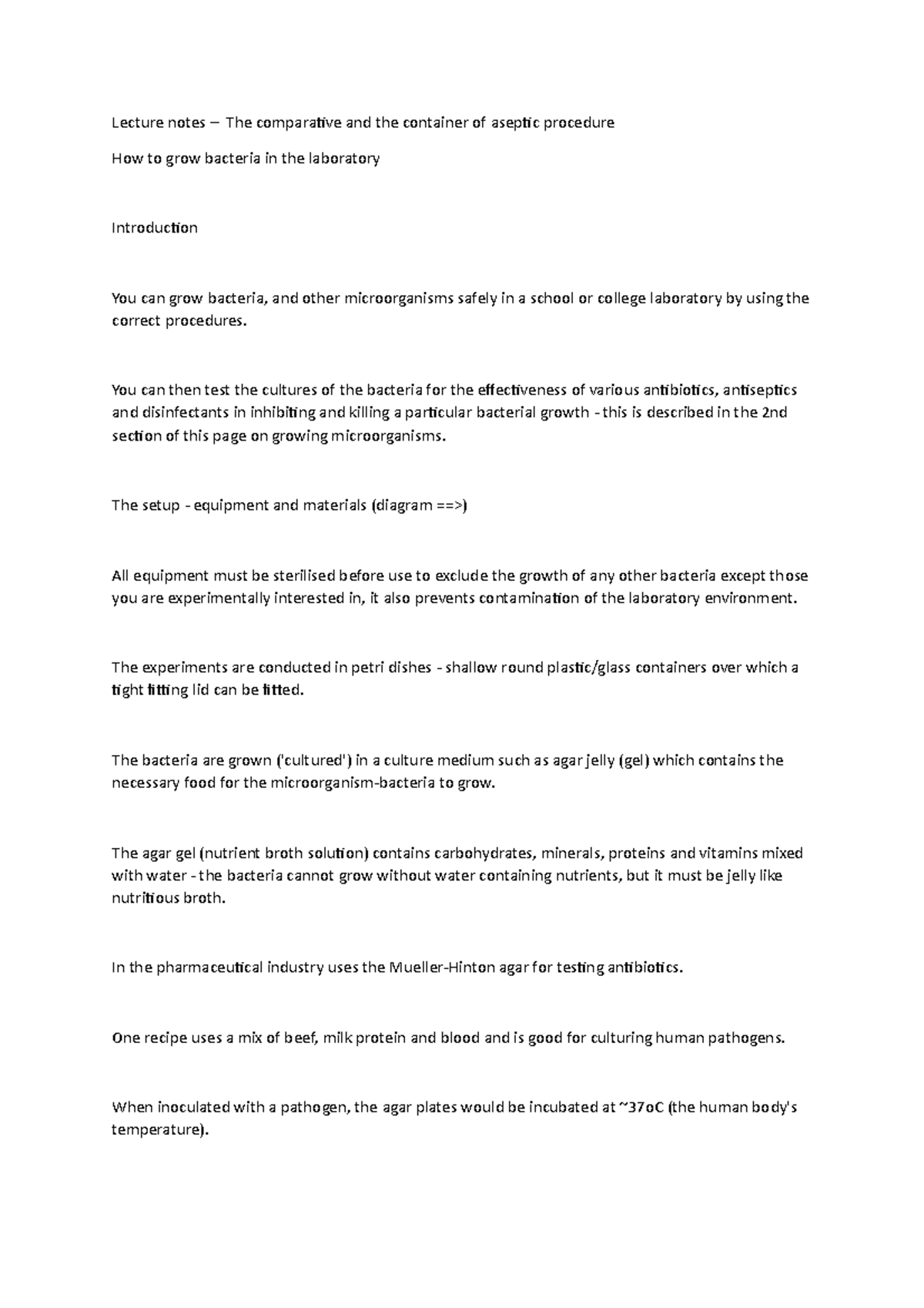 Lecture notes The comparative and the container of aseptic procedure