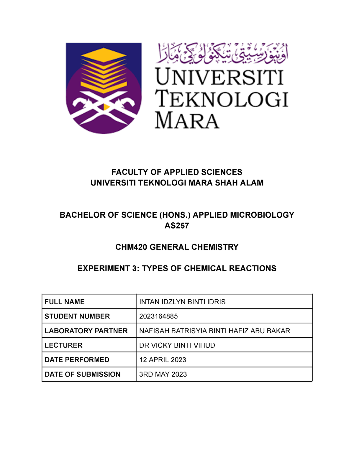 CHM420 EXP 3 - TYPES OF CHEMICAL REACTIONS - FACULTY OF APPLIED ...