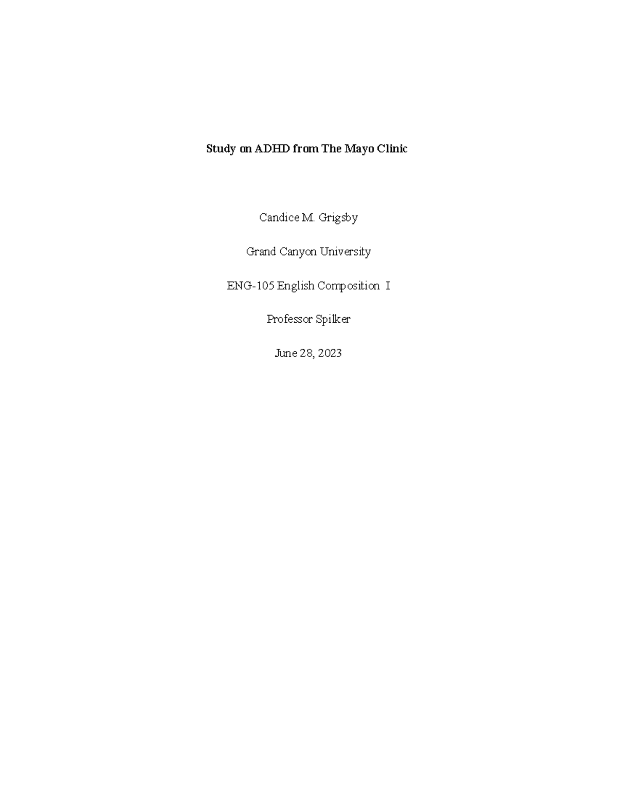 Study on ADHD from The Mayo Clinic ENG105 GCU Studocu
