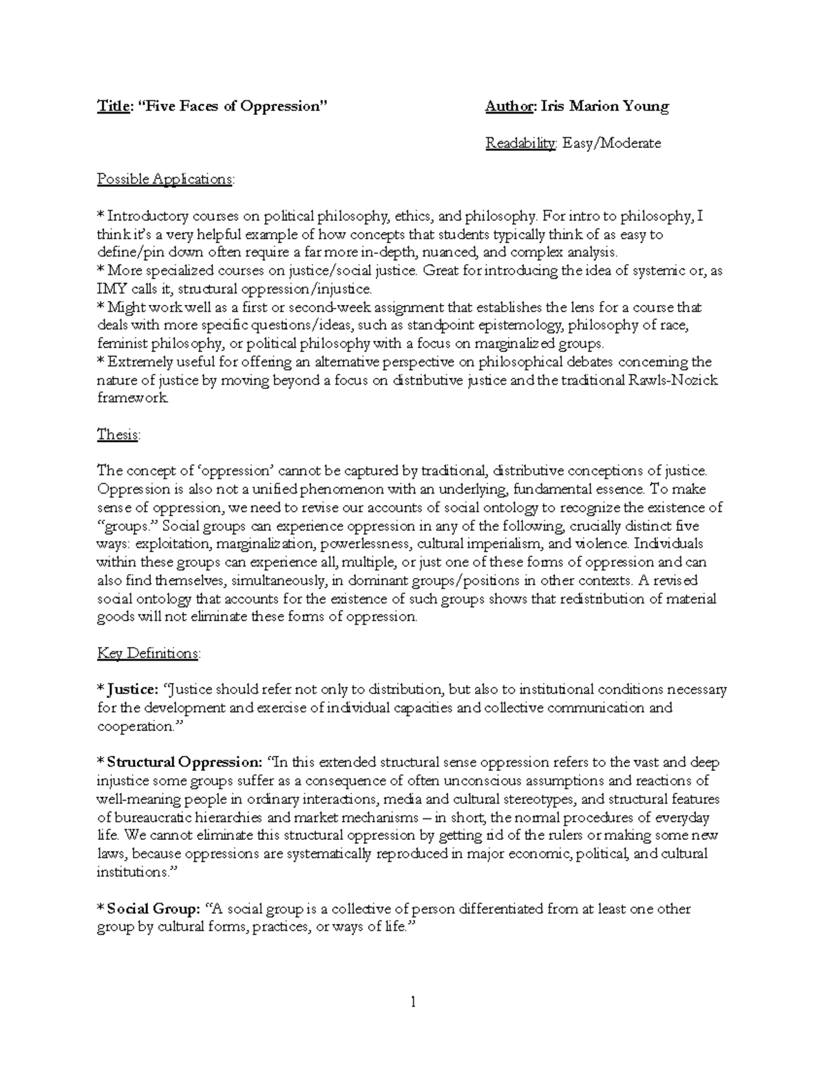 5 faces of oppression handout [iris marion young] Title “Five Faces