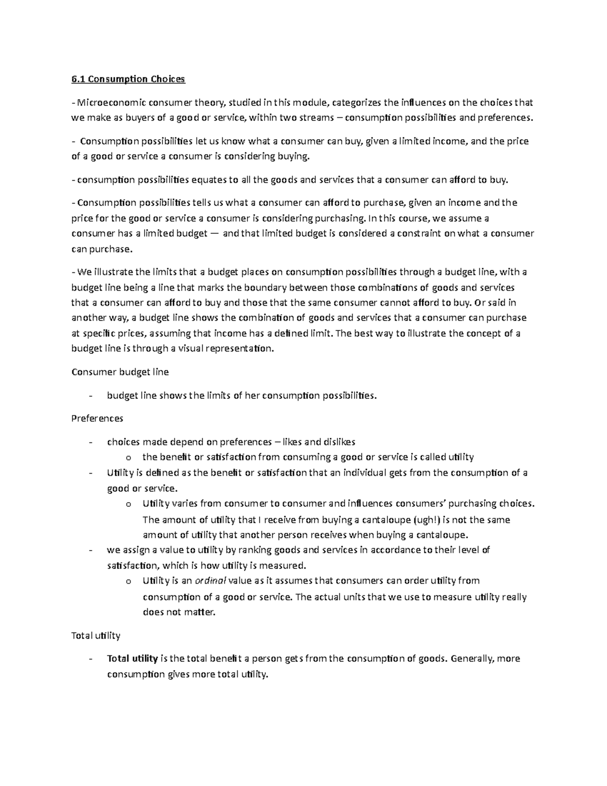 Chapter 8 Notes - 6 Consumption Choices Microeconomic consumer theory ...