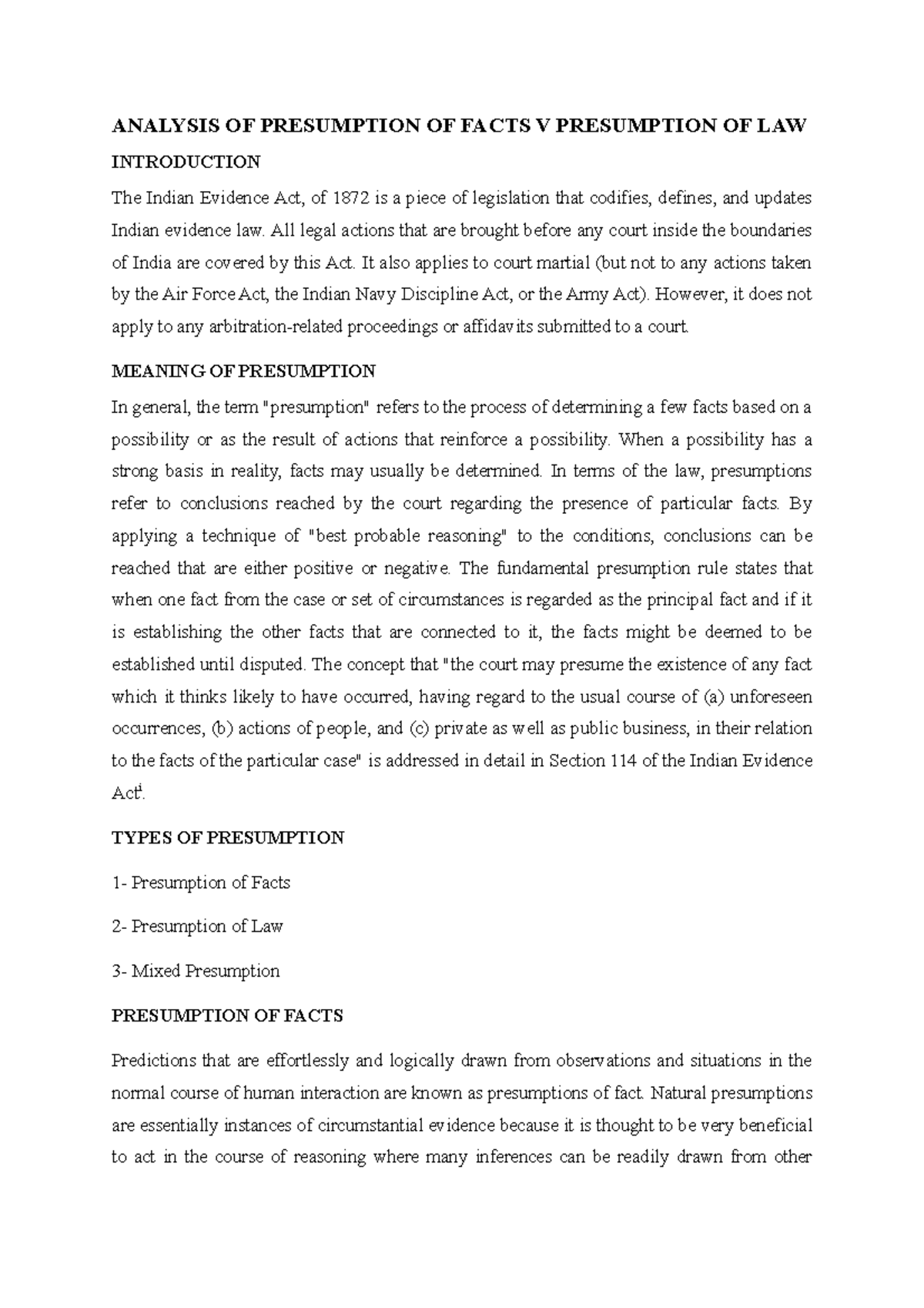 Analysis OF Presumption OF Facts V Presumption OF LAW ANALYSIS OF PRESUMPTION OF FACTS V Studocu