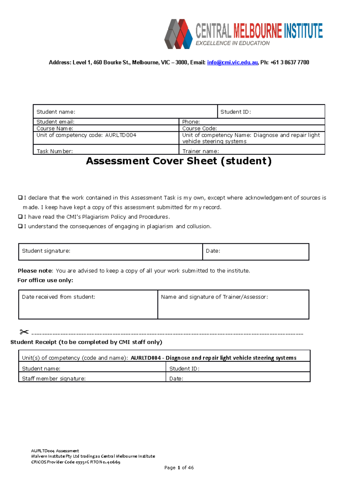 Aurltd 004 Diagnose and repair light vehicle steering systems Learner ...