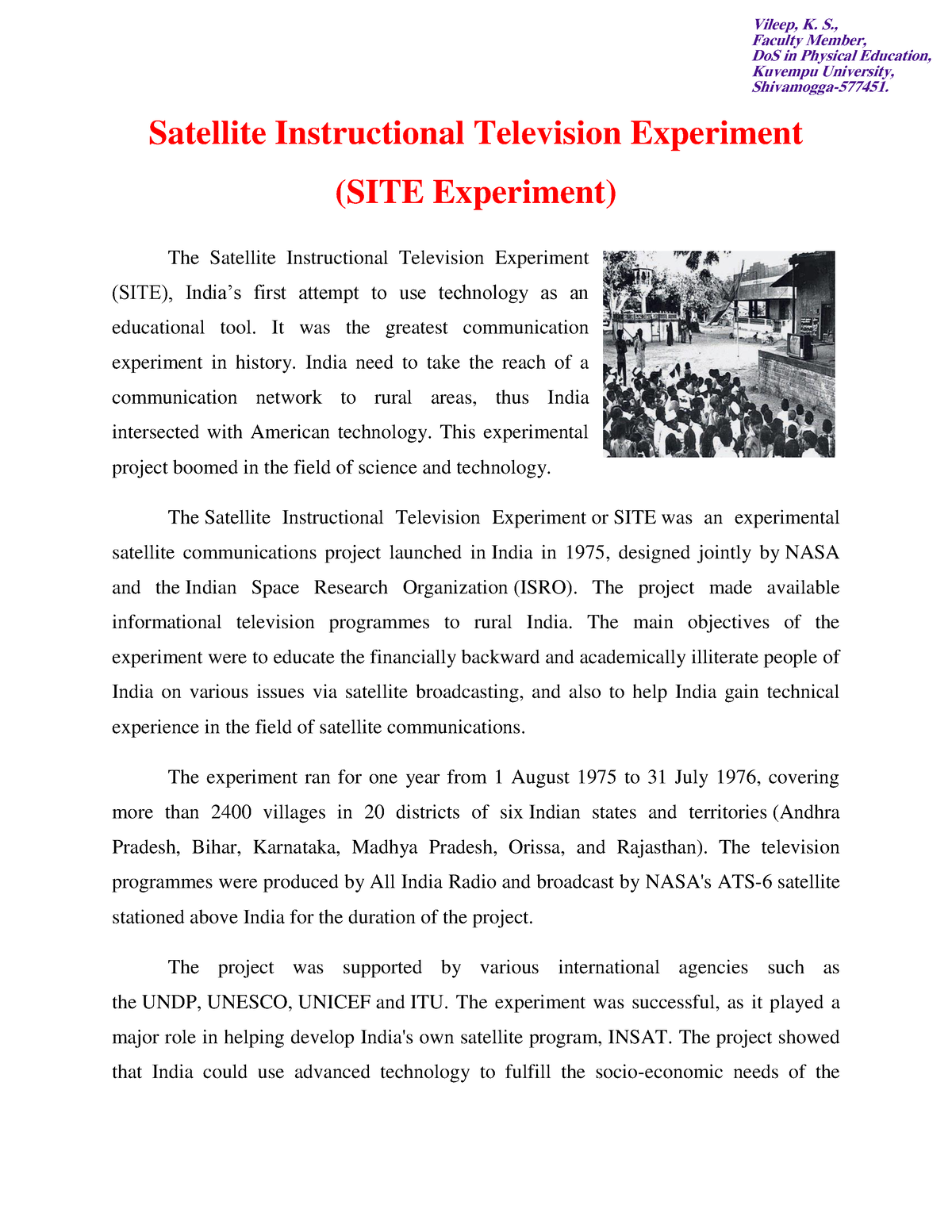 satellite instructional television experiment upsc