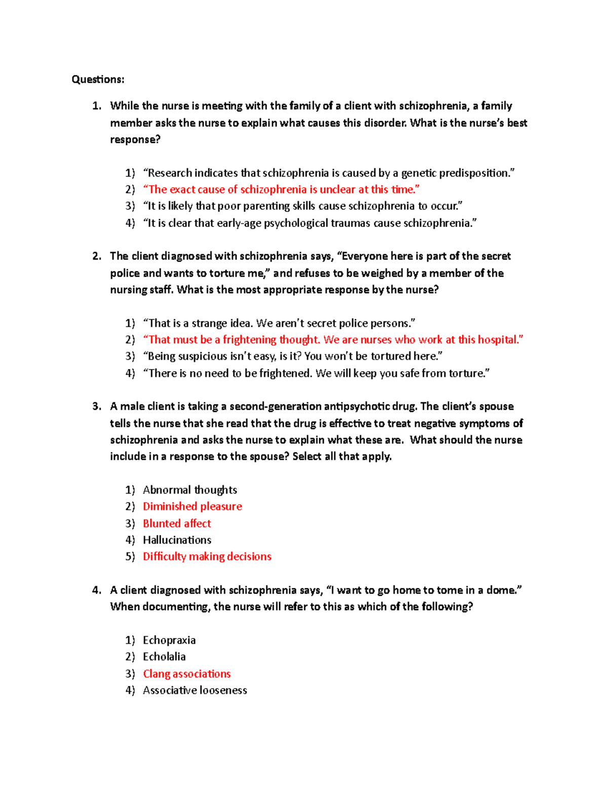 Answers to Schizophrenia Additional Practice Questions - Questions: 1 ...