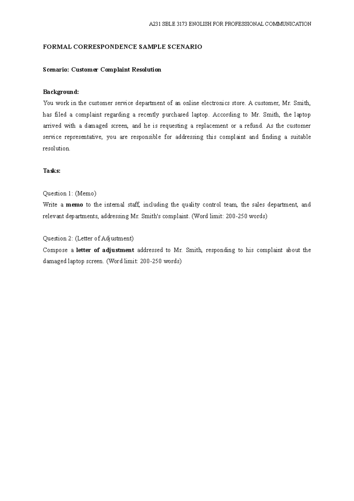 Formal Correspondence Sample Scenario - A231 SBLE 3173 ENGLISH FOR ...