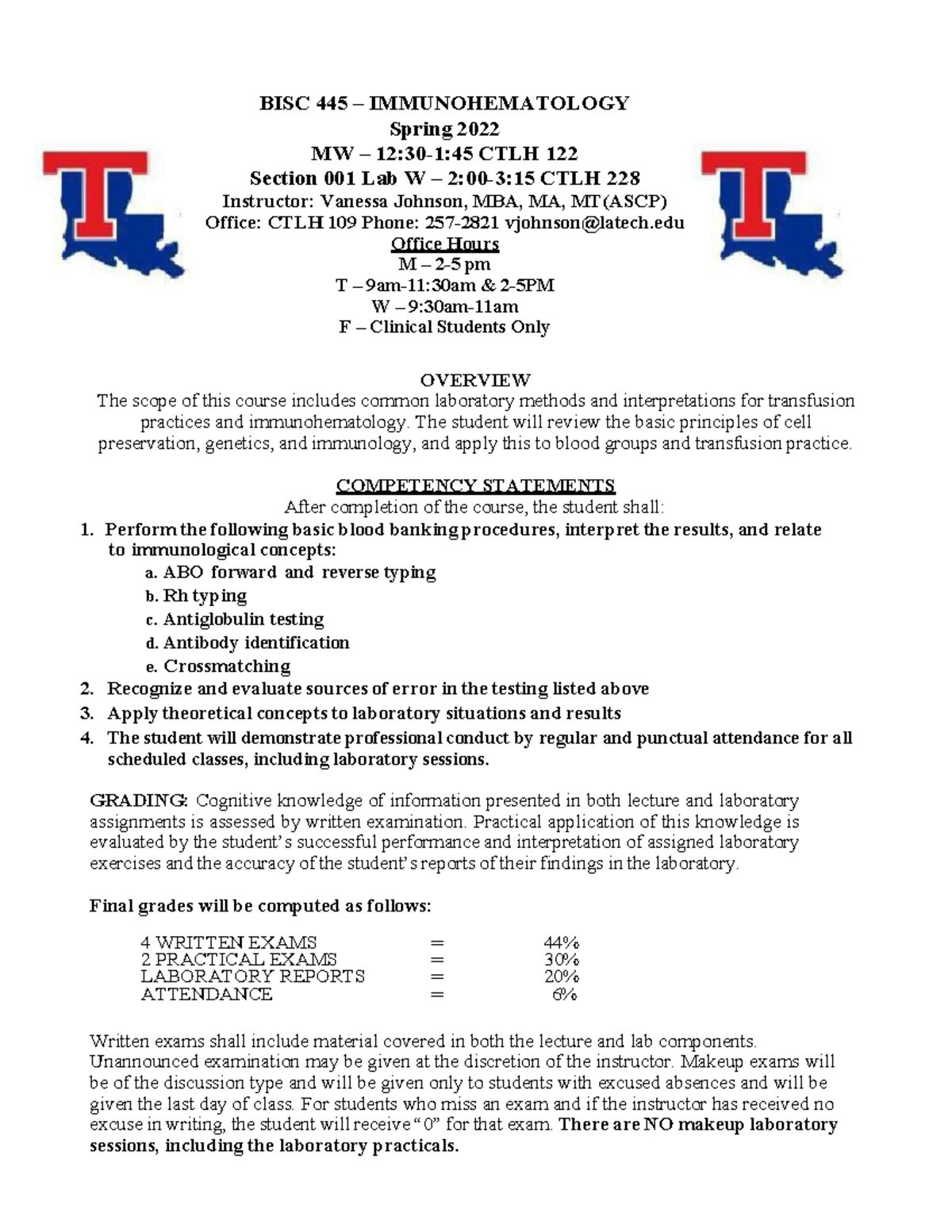 BISC 445 Syllabus 2022 - BISC 445 – IMMUNOHEMATOLOGY Spring 2022 MW ...