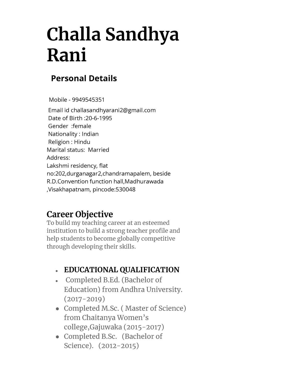 Resume - Google Docs - Challa Sandhya Rani Personal Details Mobile ...