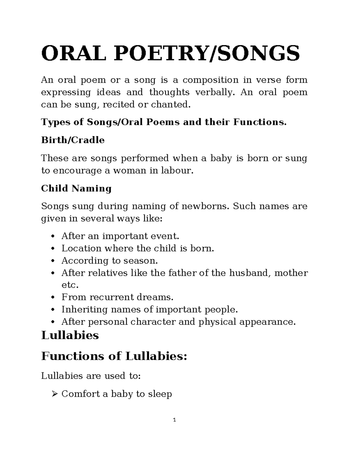 ORAL Poetry Features and Styles ORAL POETRY/SONGS An oral poem or a