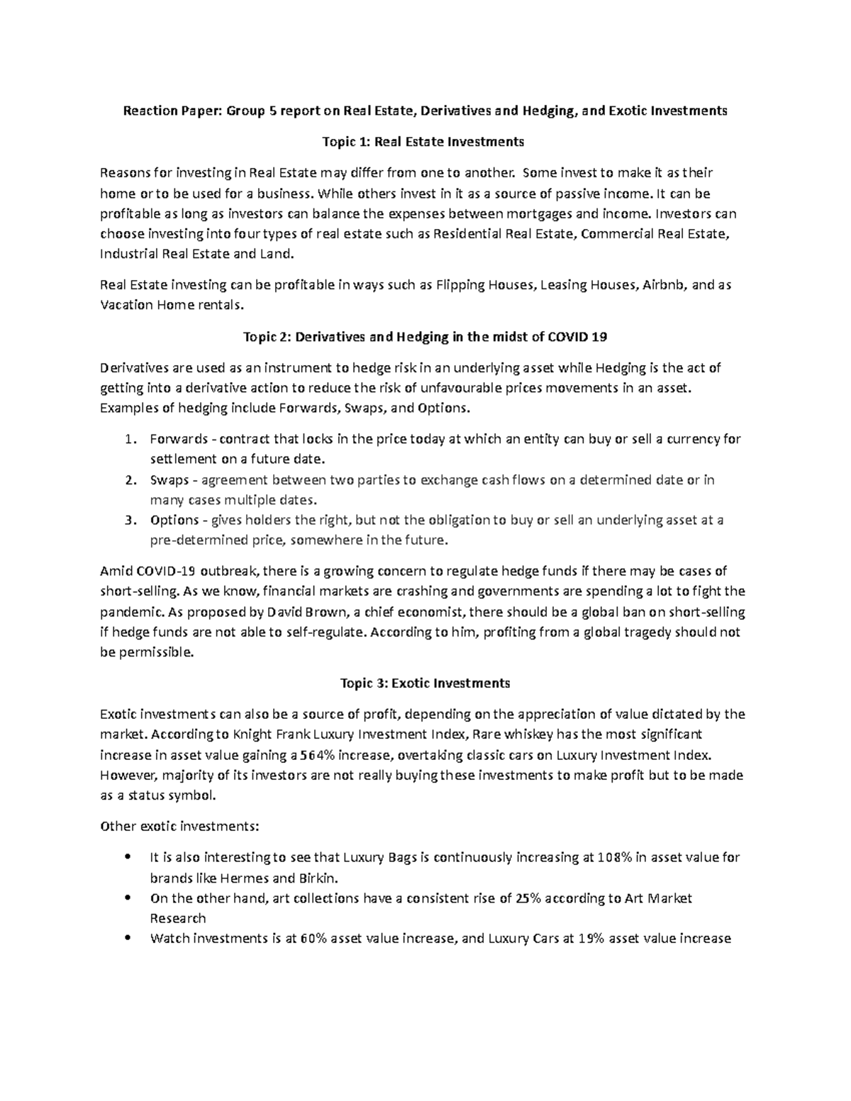 Invemapaper Real Estate, Derivatives and Hedging, and Exotic