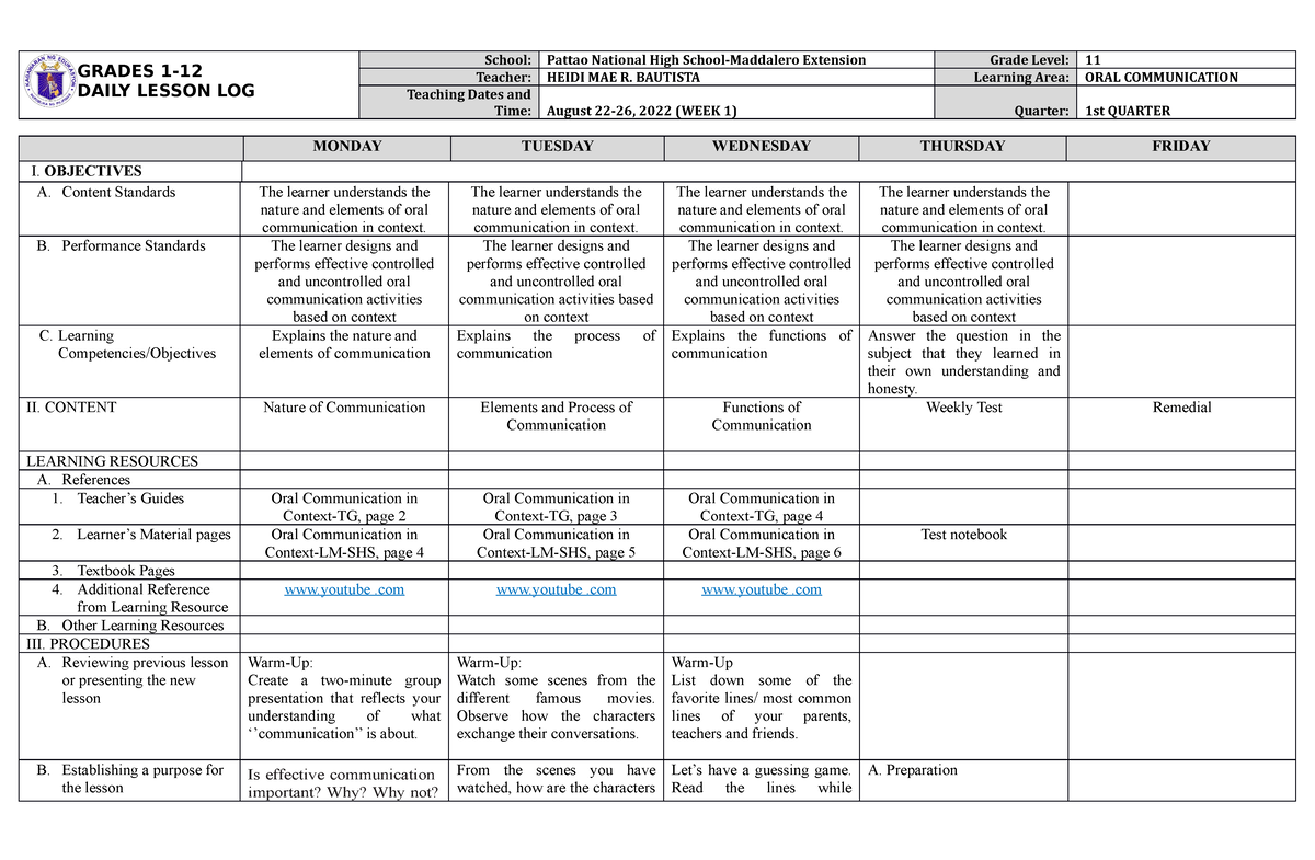 DLL Oral Communication W1 - GRADES 1- DAILY LESSON LOG School: Pattao ...