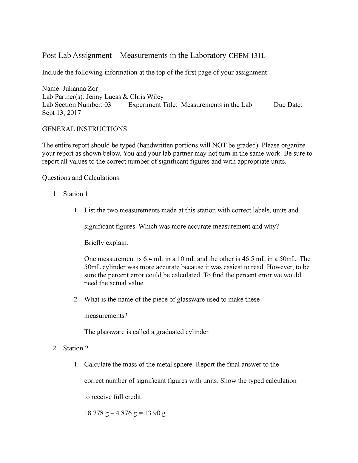 Chem 131 Post Lab 1 The Questions And Answers For Post Lab Post Lab Assignment 