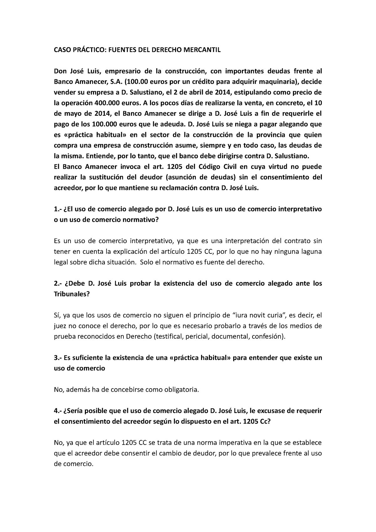 Caso PrÁ Ctico 1 Caso PrÁctico Fuentes Del Derecho Mercantil Don José Luis 7874