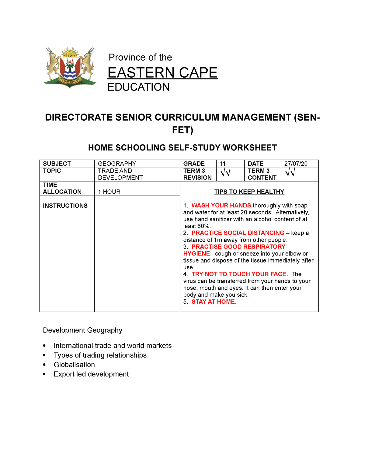 8 Geography Grade 11 Trade And Development Worksheet - Province Of The ...