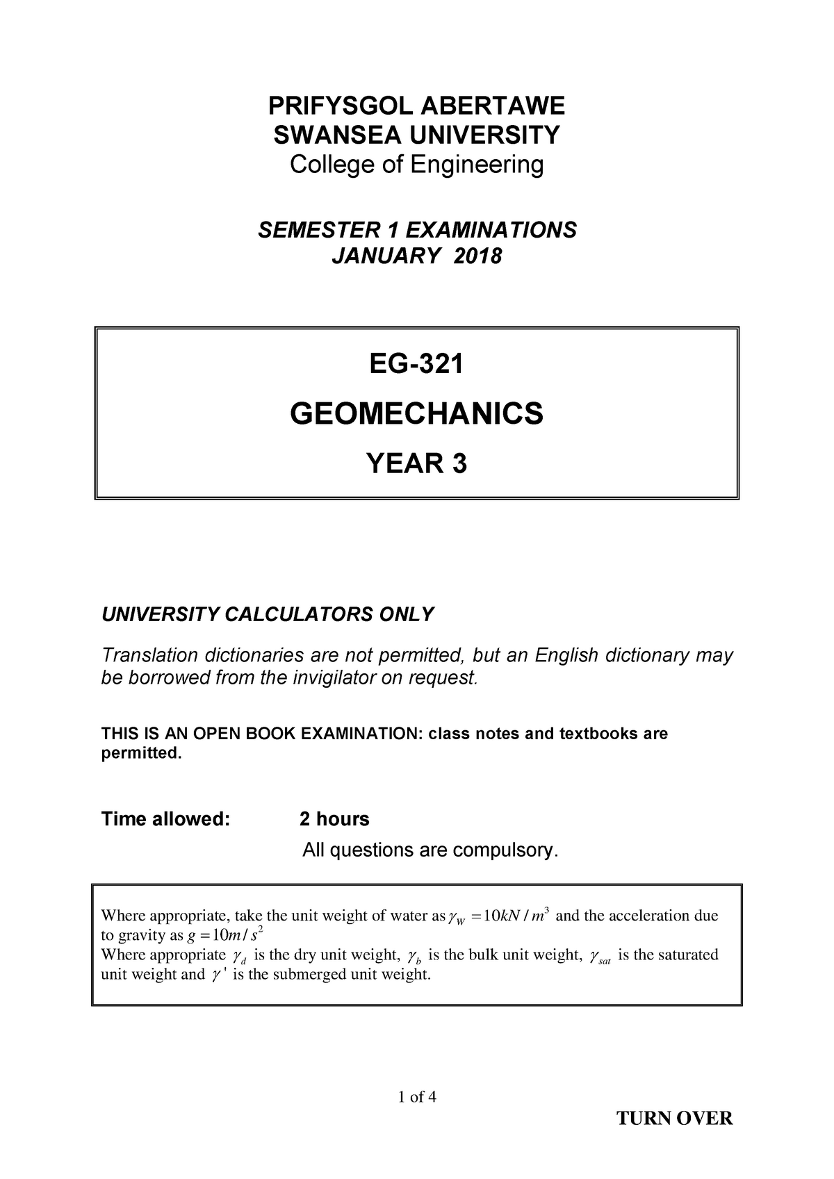 Exam 8 January 2018, Questions - 1 Of 4 TURN OVER PRIFYSGOL ABERTAWE ...