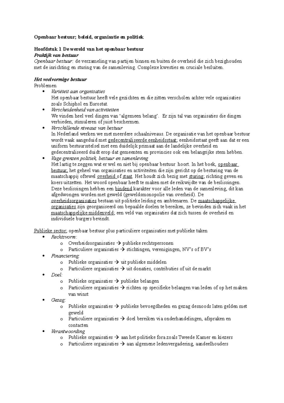 Samenvatting Openbaar Bestuur: Beleid, Organisatie En Politiek ...