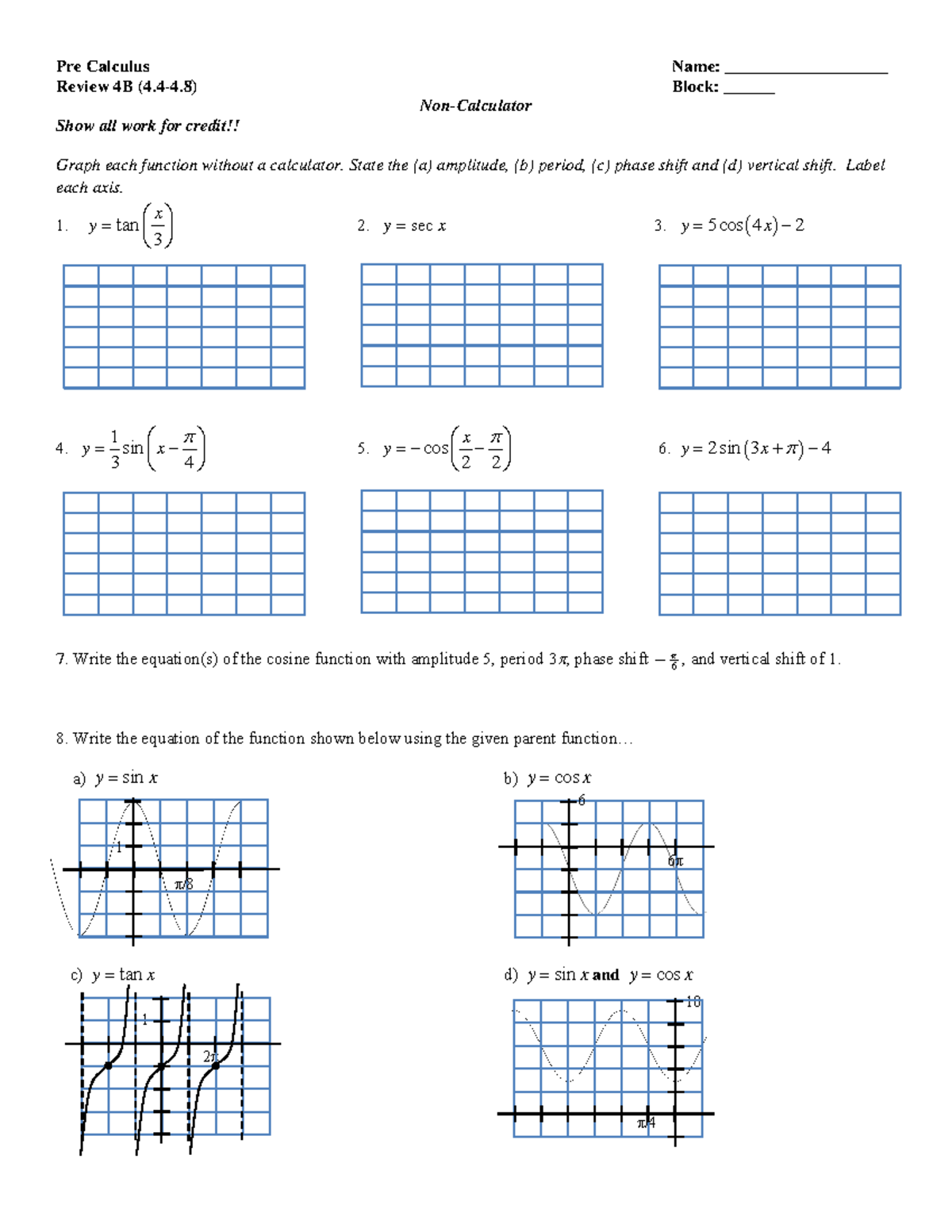 Precalc - Chapter 4B Review - Pre Calculus Name ...