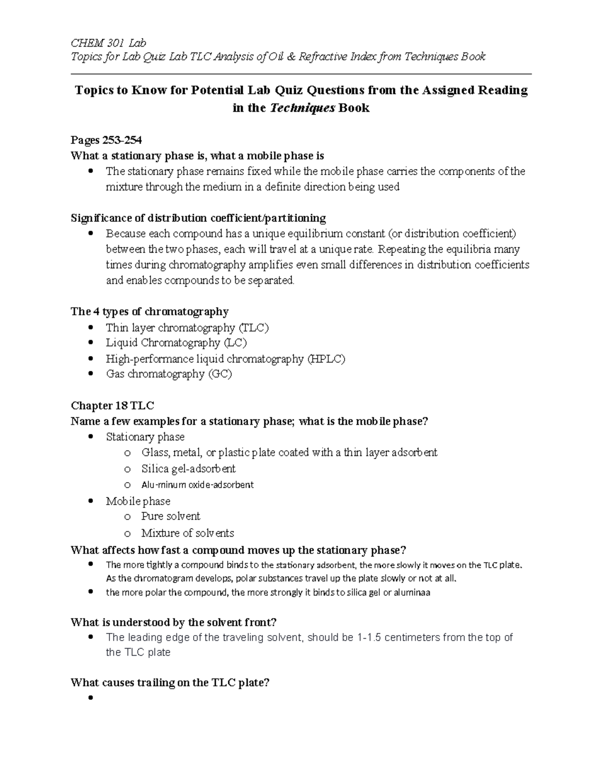 CHEM301 Lab TLC and RI Potential Quiz Questions Ch18 and 131 CHEM