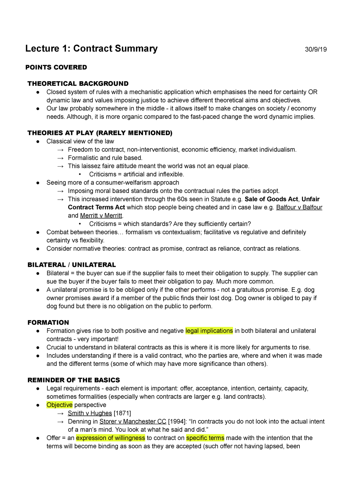 Advanced Contract LAW Lecture Notes - Lecture 1: Contract Summary 30/9 ...