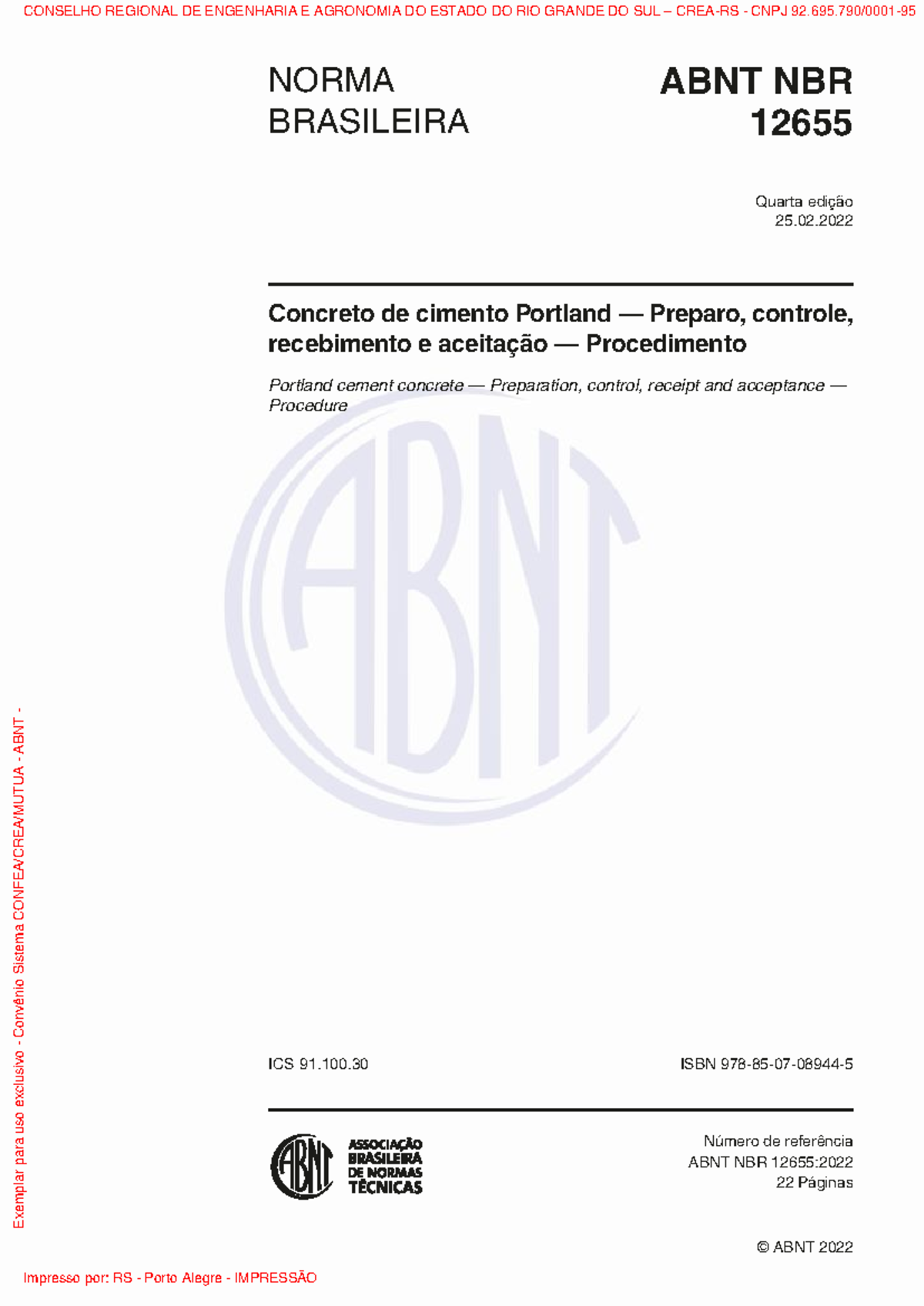 ABNT NBR-12655 (2022) - Concreto de cimento Portland - Preparo ...