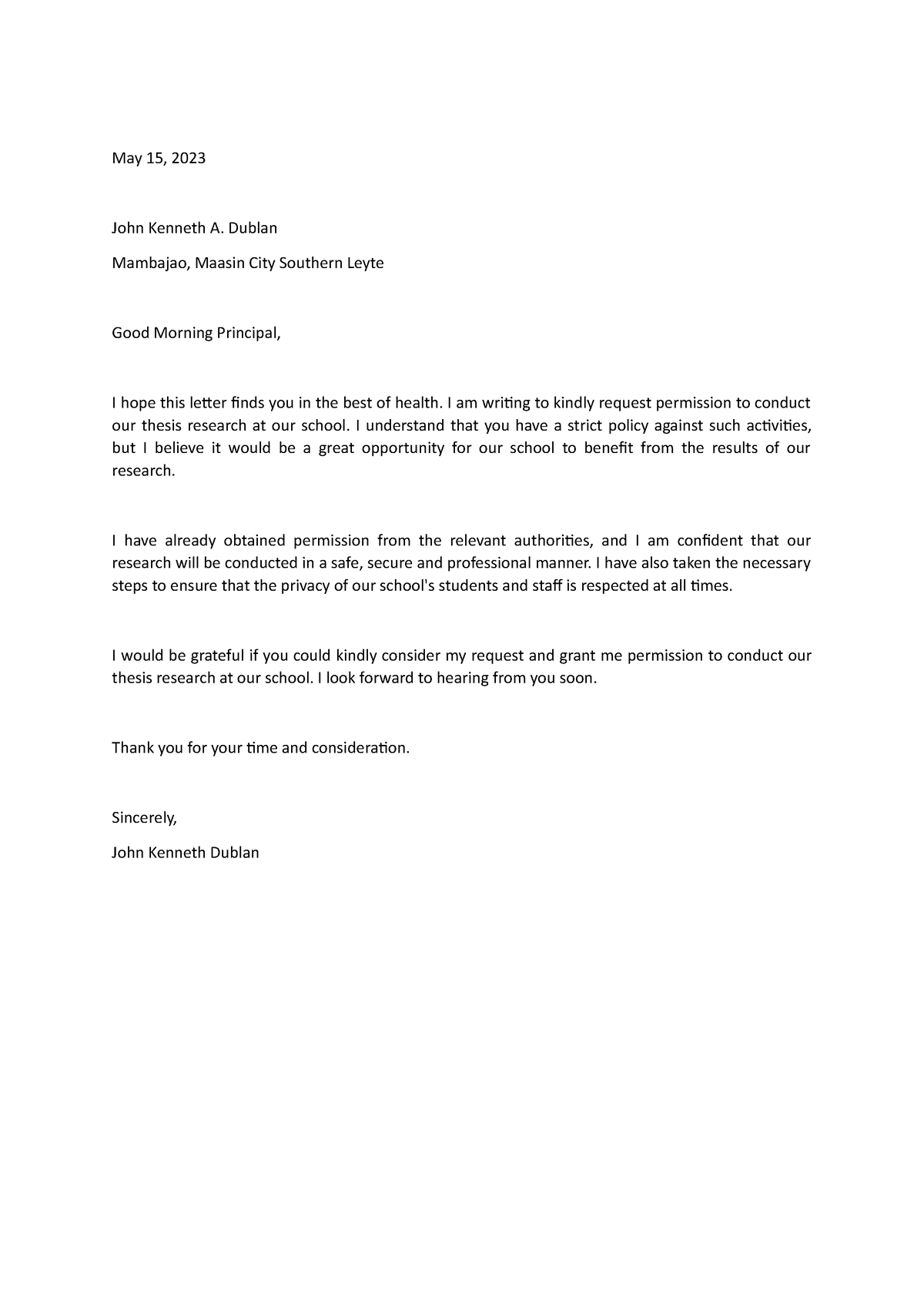 Letter to Principal - May 15, 2023 John Kenneth A. Dublan Mambajao ...