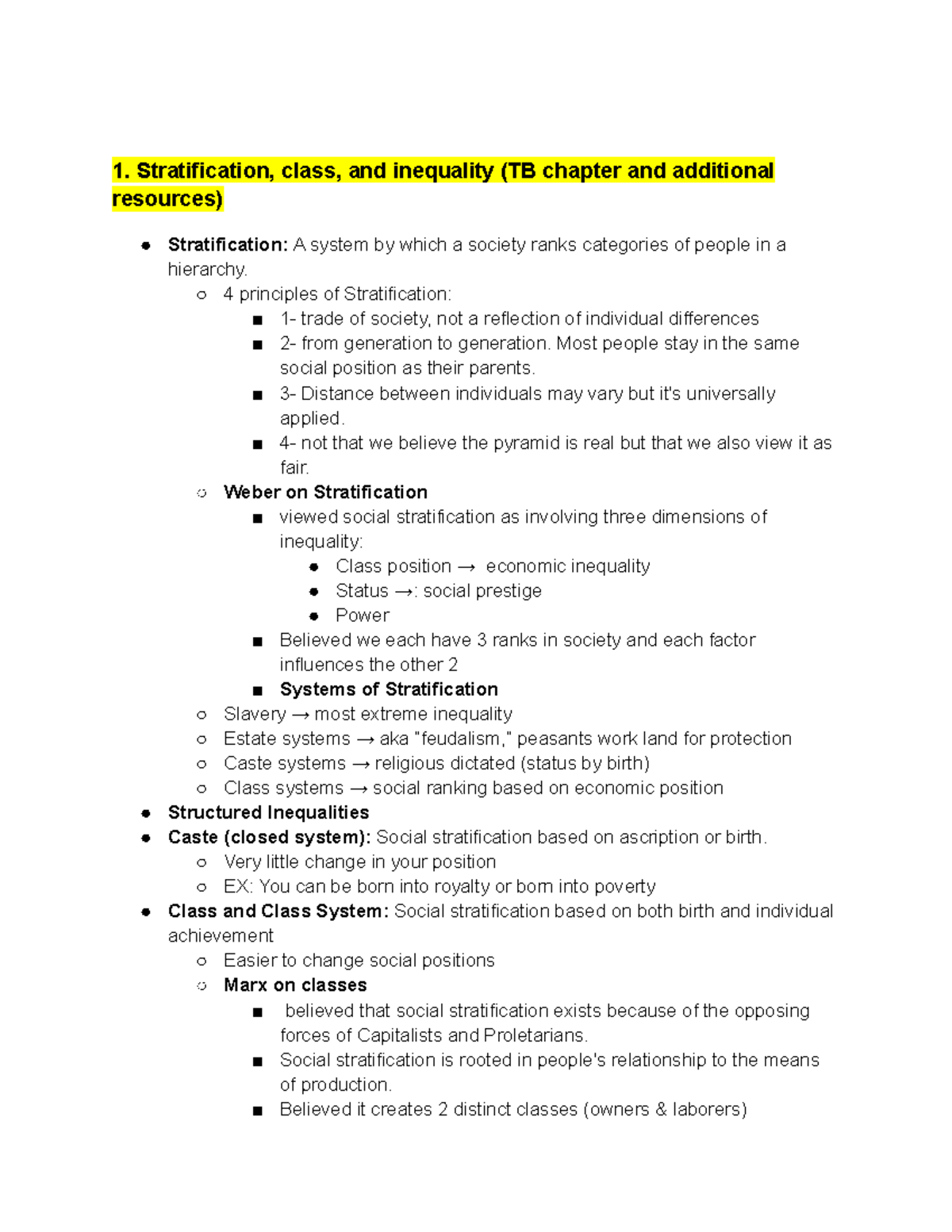Final Exam Study Guide - 1. Stratification, class, and inequality (TB ...