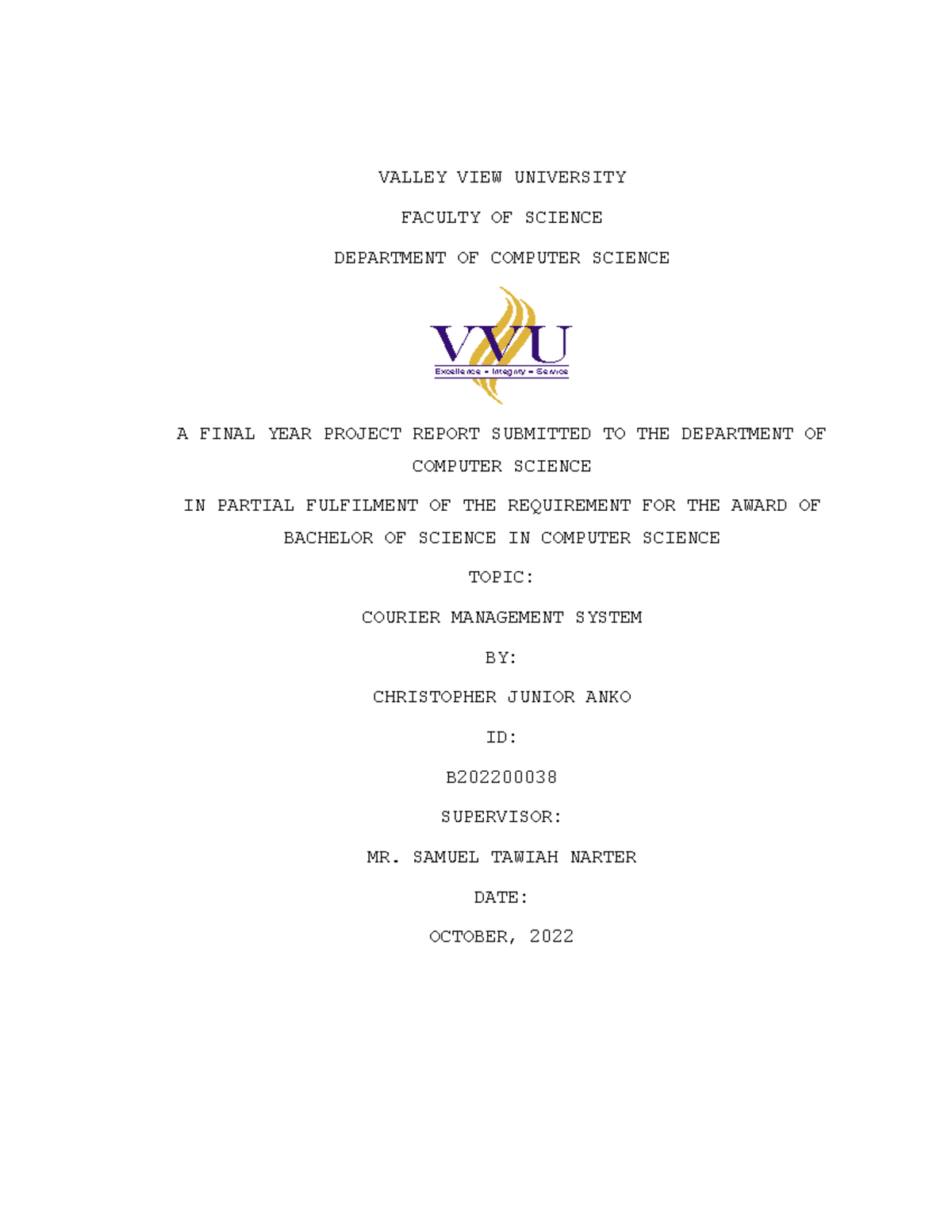 Courier Management System 1 - VALLEY VIEW UNIVERSITY FACULTY OF SCIENCE ...