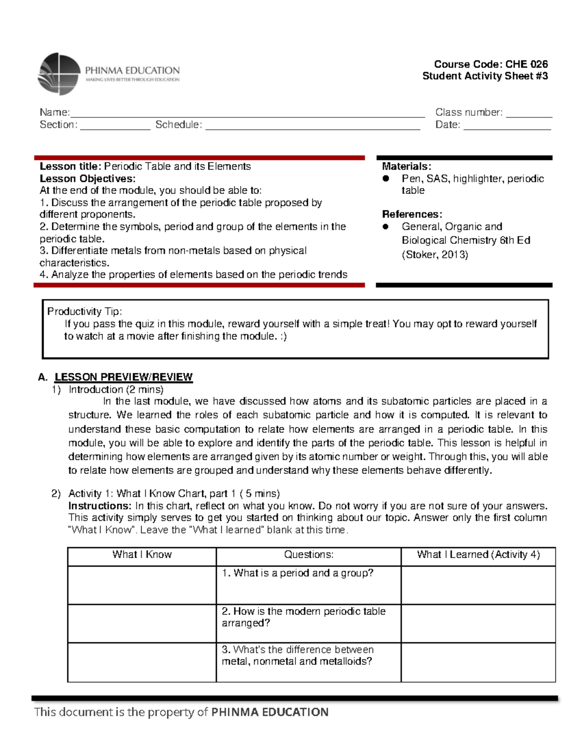 SAS 3 Module 3 Periodic Table and Its Elements - Student Activity Sheet ...