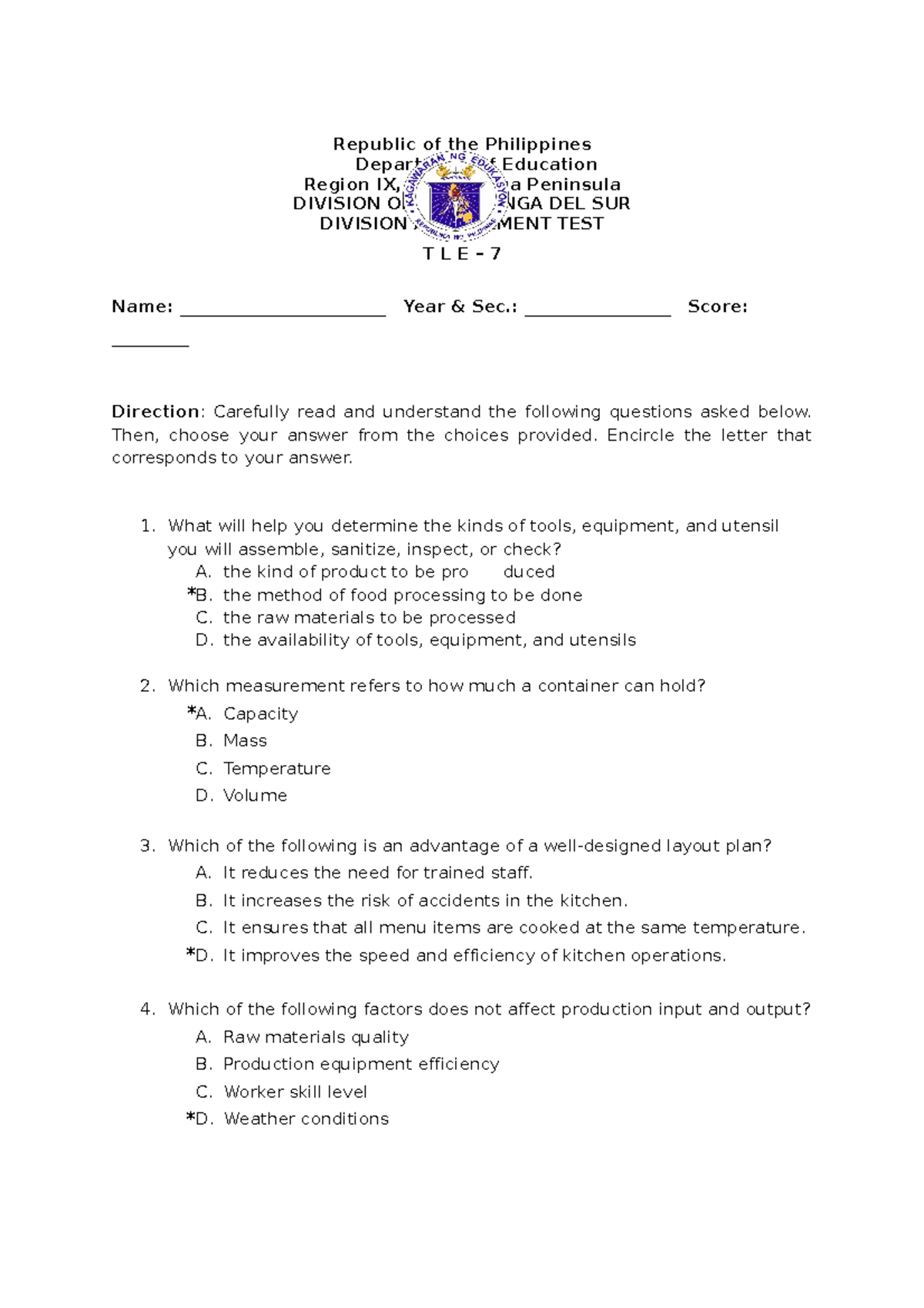 TLE-7 - Practice Tests - Republic of the Philippines Department of ...