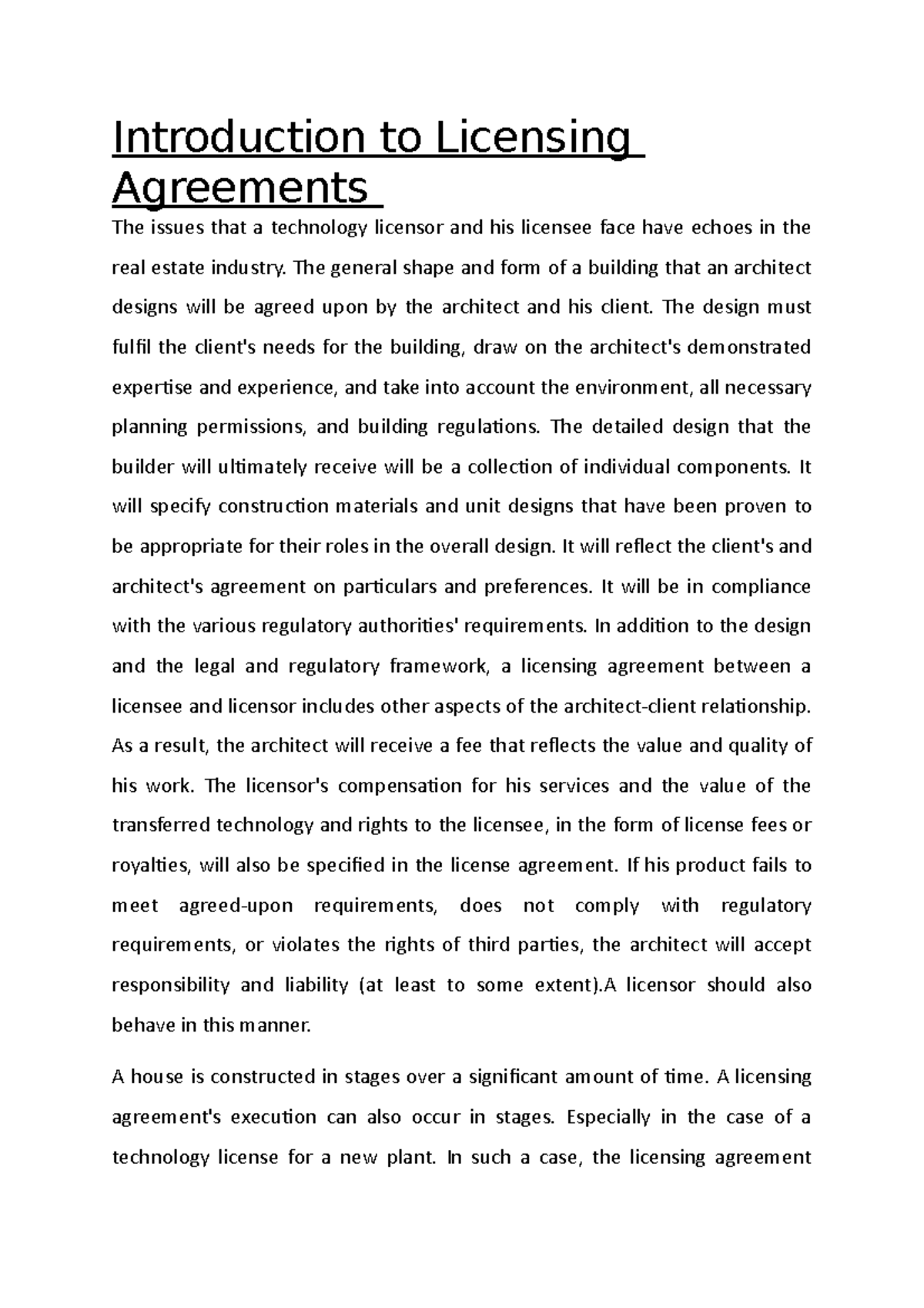 Introduction to Licensing Agreements The general shape and form of a