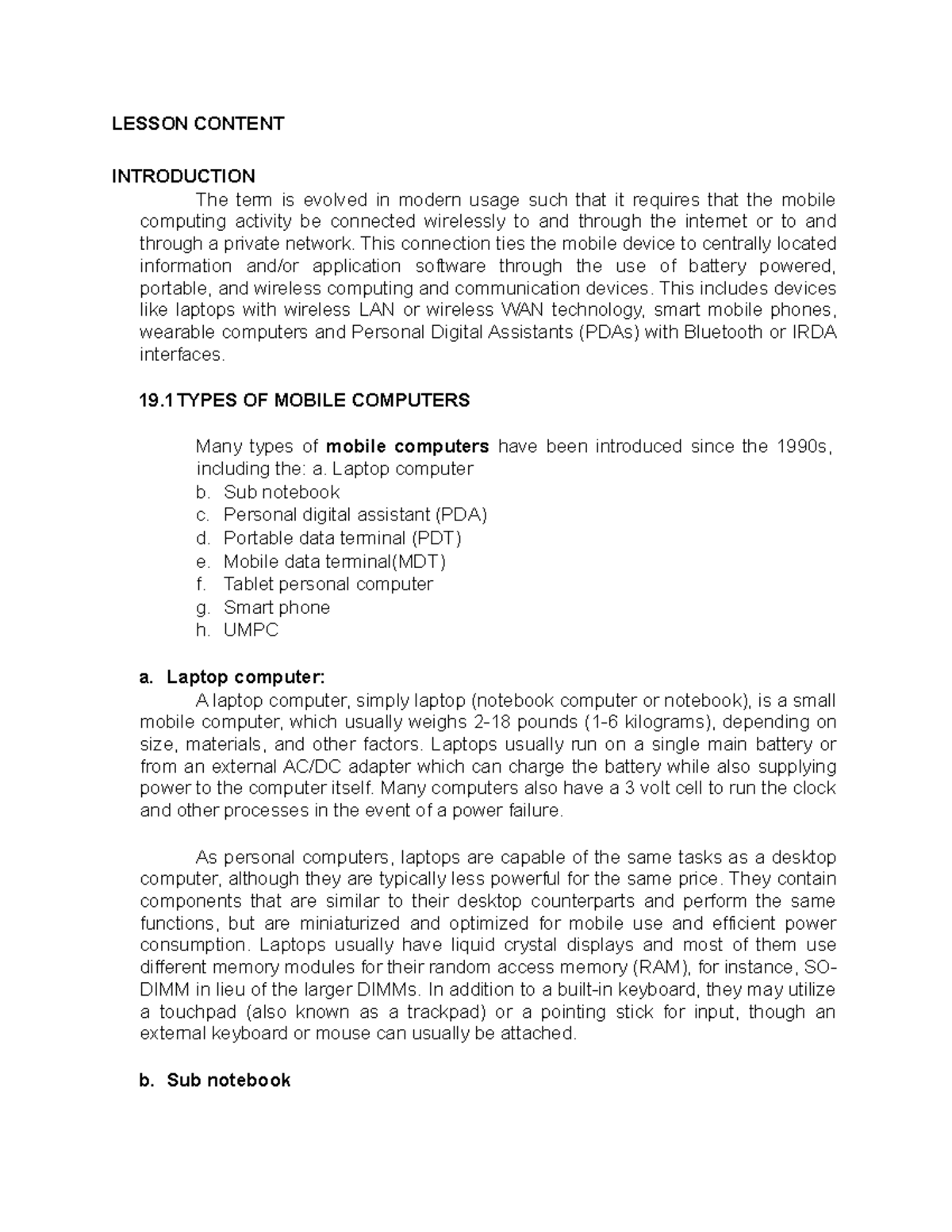 Mobile Computers - LESSON CONTENT INTRODUCTION The term is evolved in ...