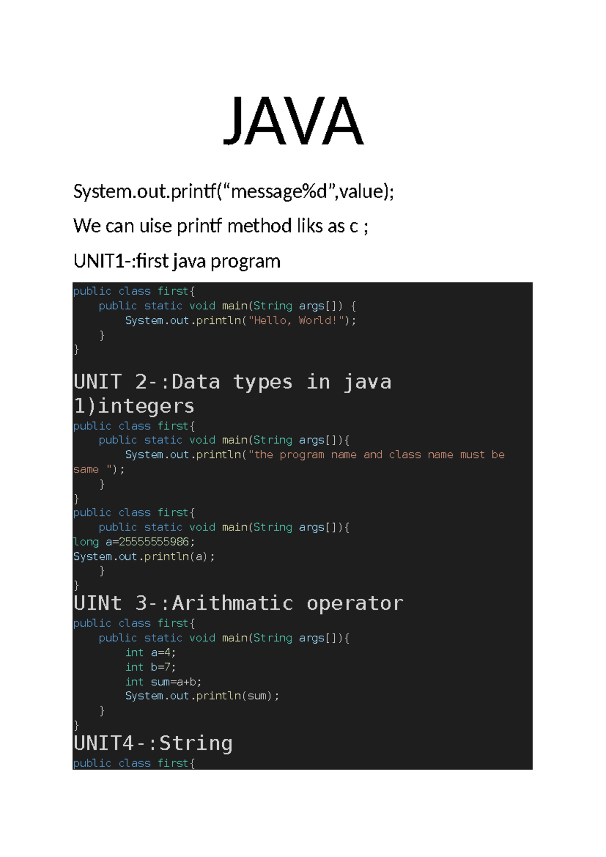 JAVA - A java handwritten notes - JAVA System.out(“message%d”,value ...