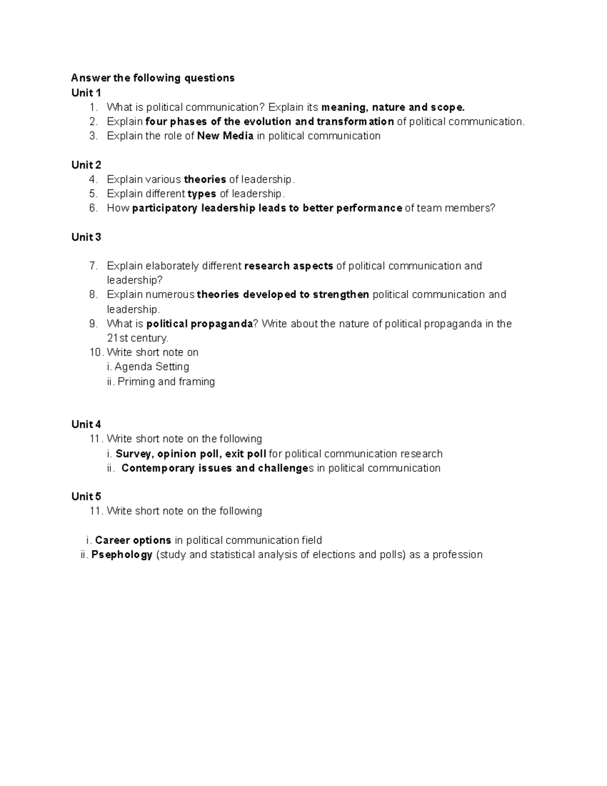 Revision questions - Answer the following questions Unit 1 1. What is ...