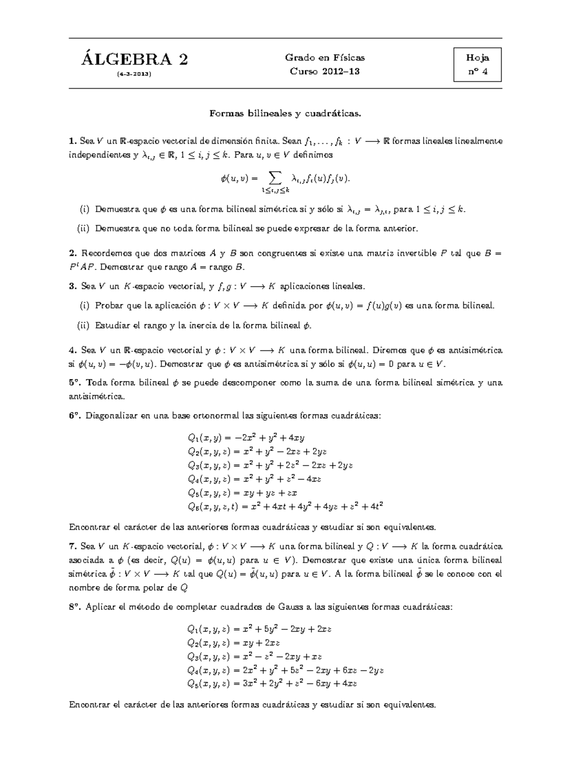 Ejercicios Formas Bilineales Y Cuadráticas 2013pdf Algebra 2 ́ 4 3 2013 Grado En F ́ısicas 0920