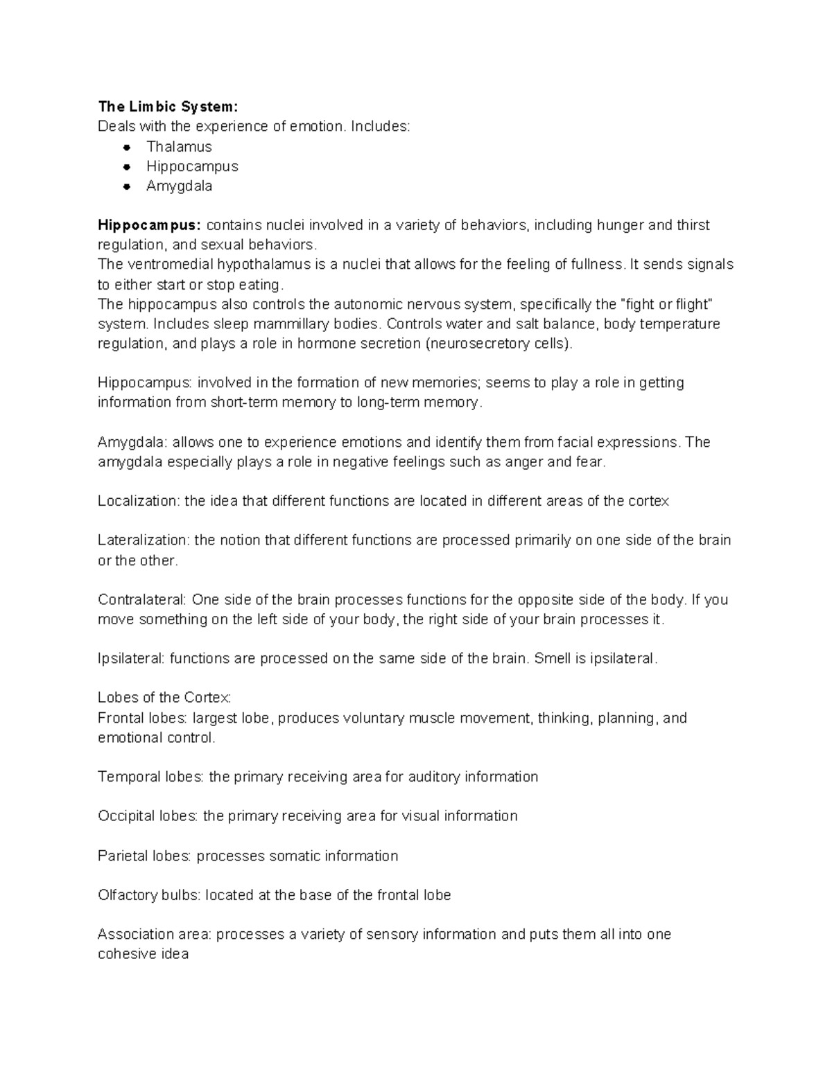 12 7 PSYC 310 class notes - The Limbic System: Deals with the ...