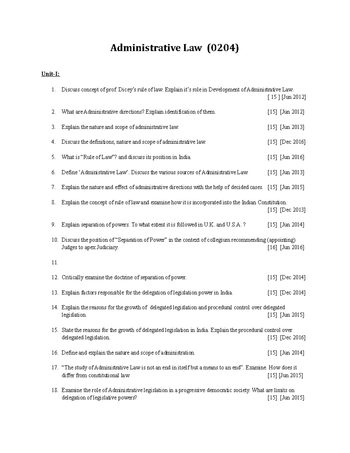 Administrative Law Jan 2018 Administrative Law (0204) UnitI
