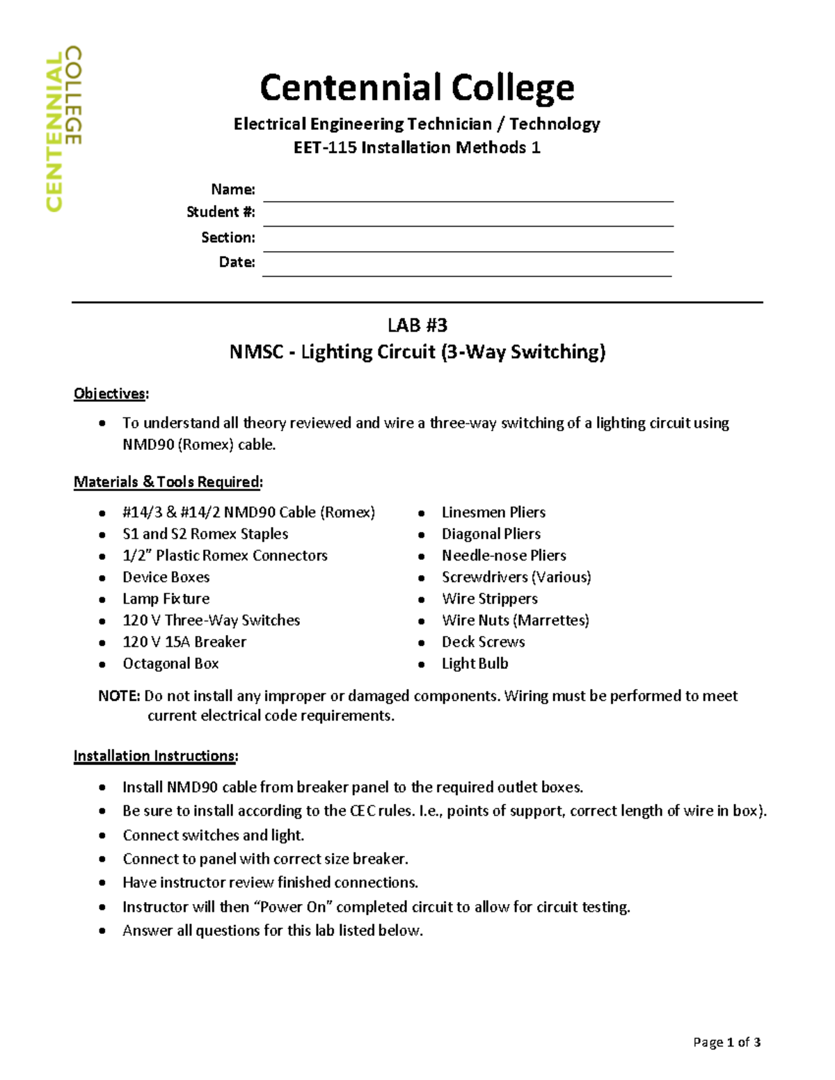 EET-115 Lab 3 - Three-way Switch Using NMSC - Page 1 of 3 Centennial ...