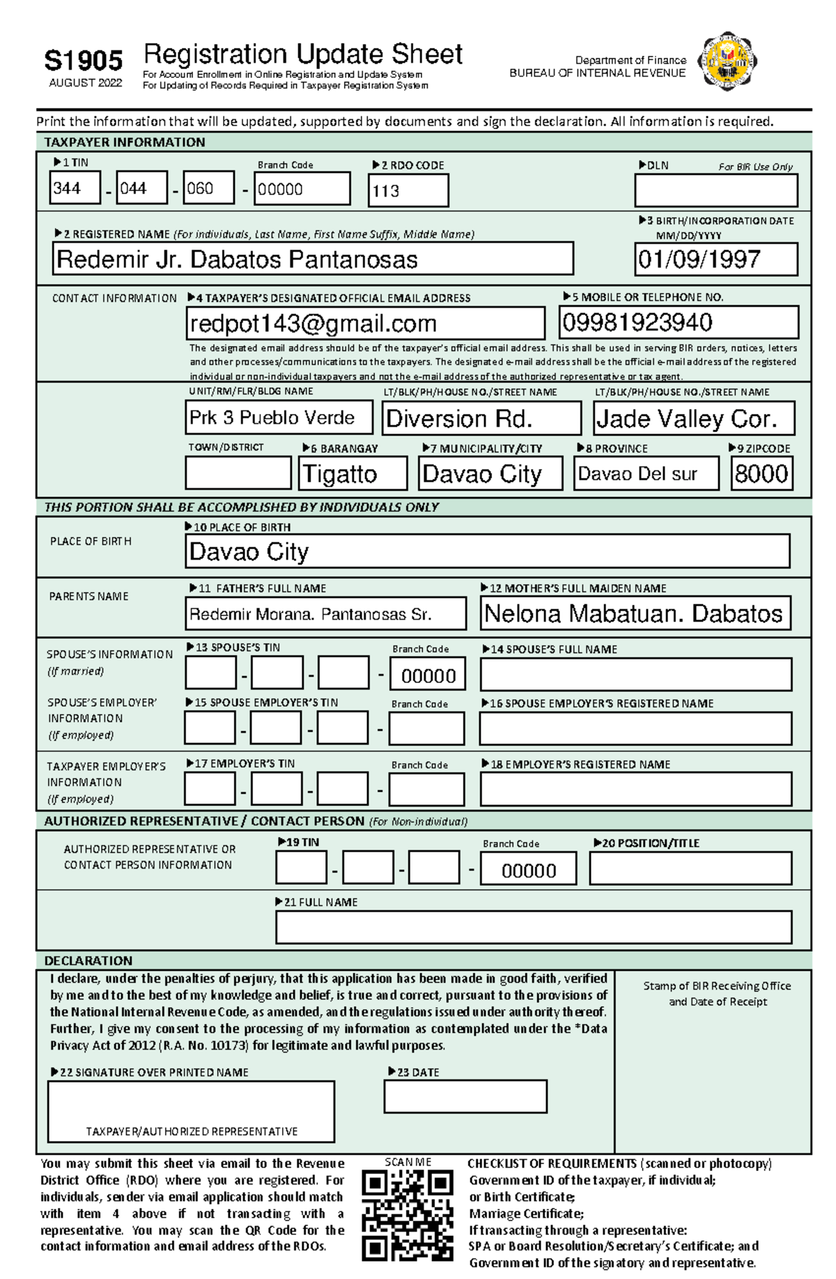 BIR S1905 - Registration Update Sheet - S 1905 AUGUST 2022 Registration ...