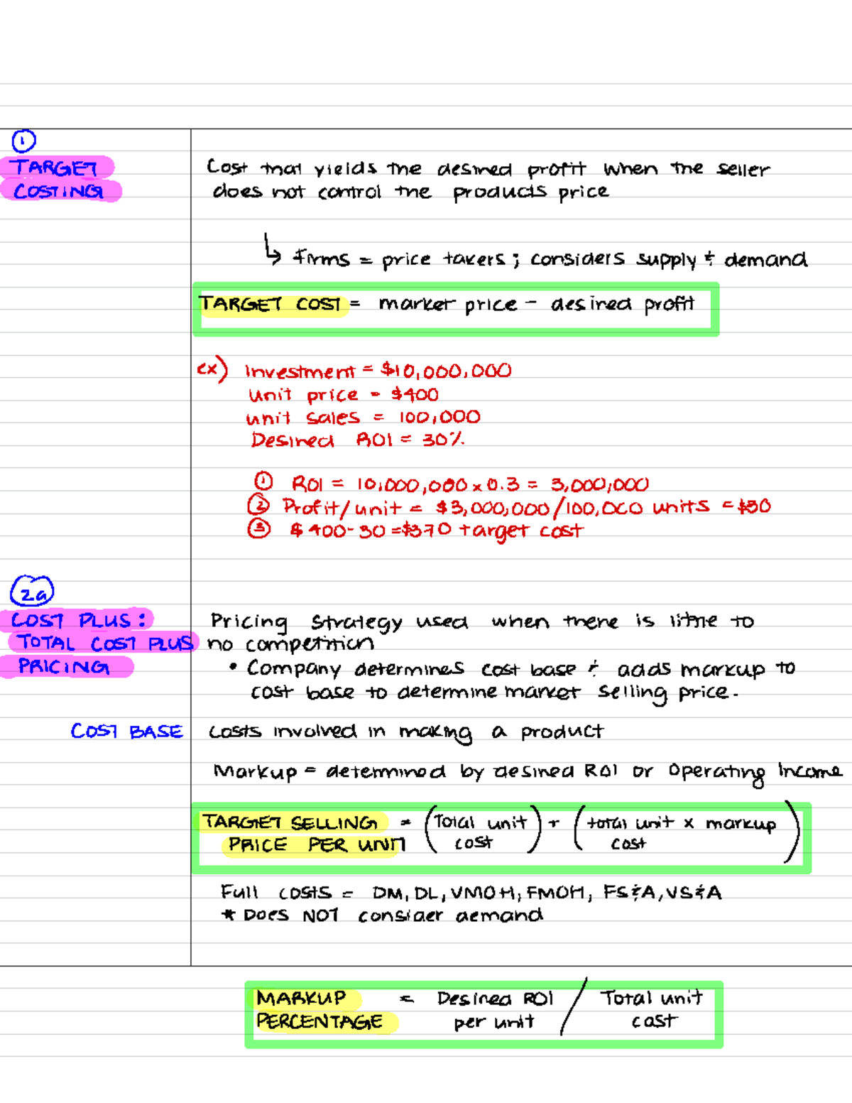 CH 9 Pricing - ① TARGET cost that yields the desired profit when the ...