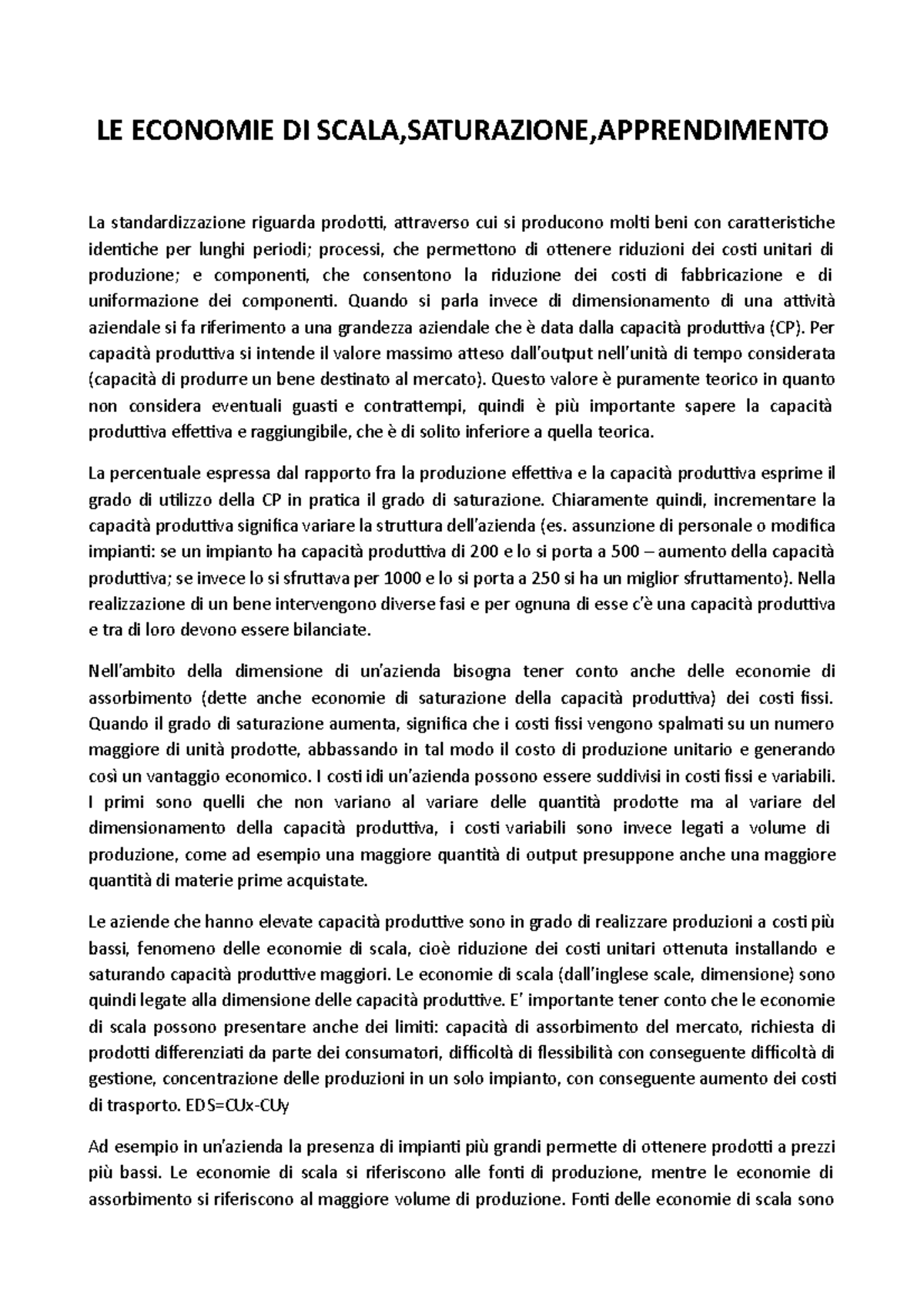 Scala, Saturazione Apprendimento ( Generale) - LE ECONOMIE DI SCALA ...